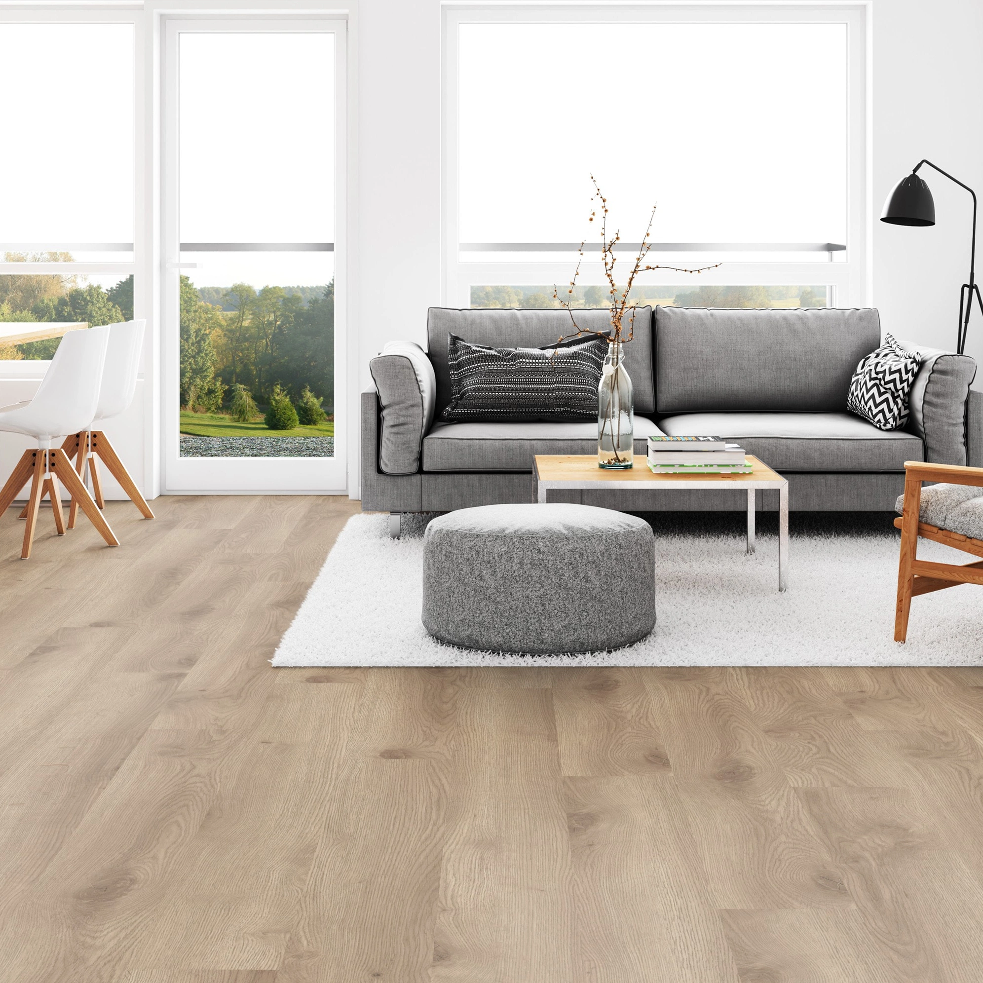 Milieubild Wohnzimmer mit Esszimmer - Tarkett Klebe-Vinyl iD Inspiration 30 CLASSICS Contemporary Oak Natural Milieubild Wohnzimmer mit Esszimmer - Tarkett 24524019