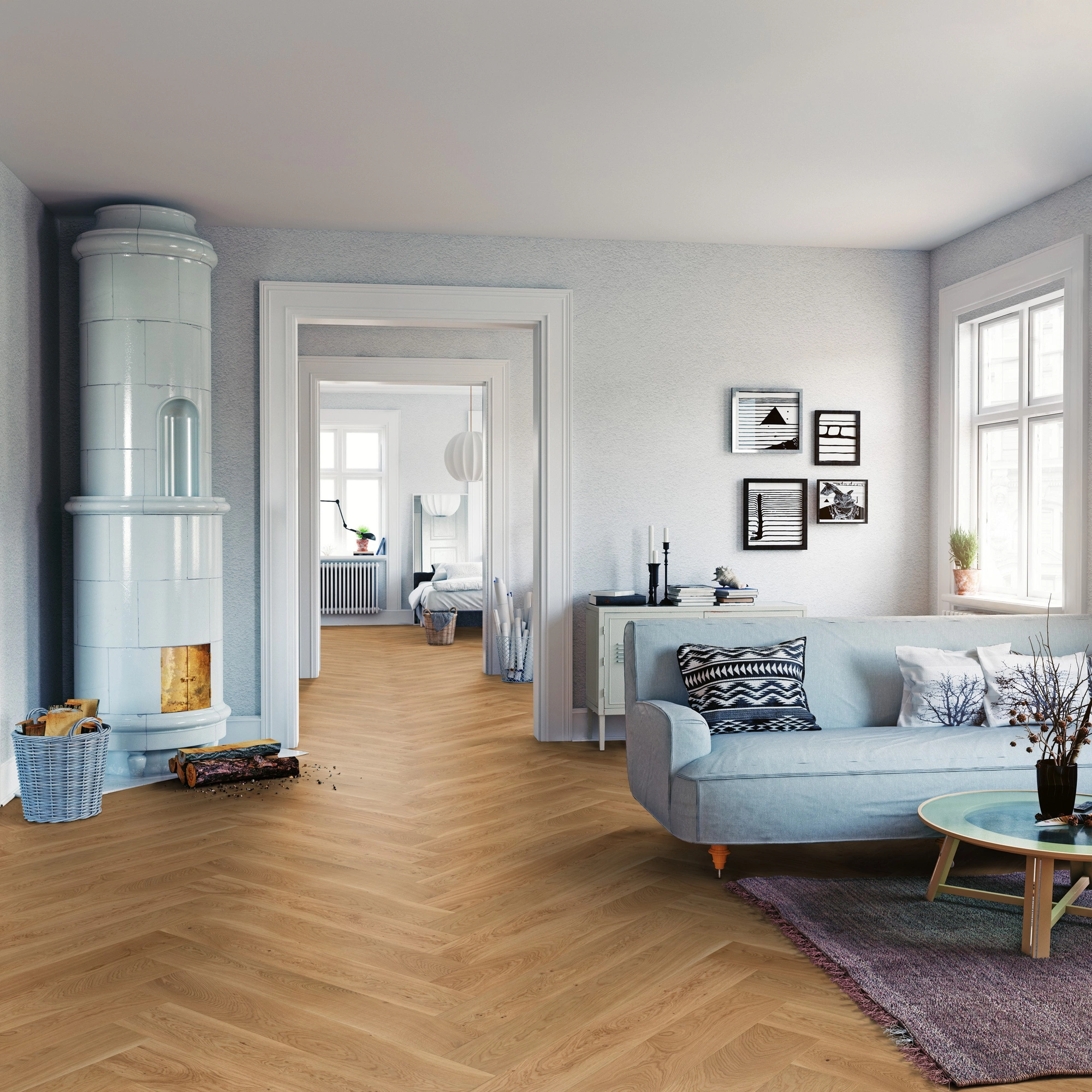 Milieubild Wohnzimmer mit Sofa und Kachelofen - ter Hürne Parkett Herringbone Collection Eiche Texel Milieubild Wohnzimmer mit Sofa und Kachelofen - ter Hürne 1101312521