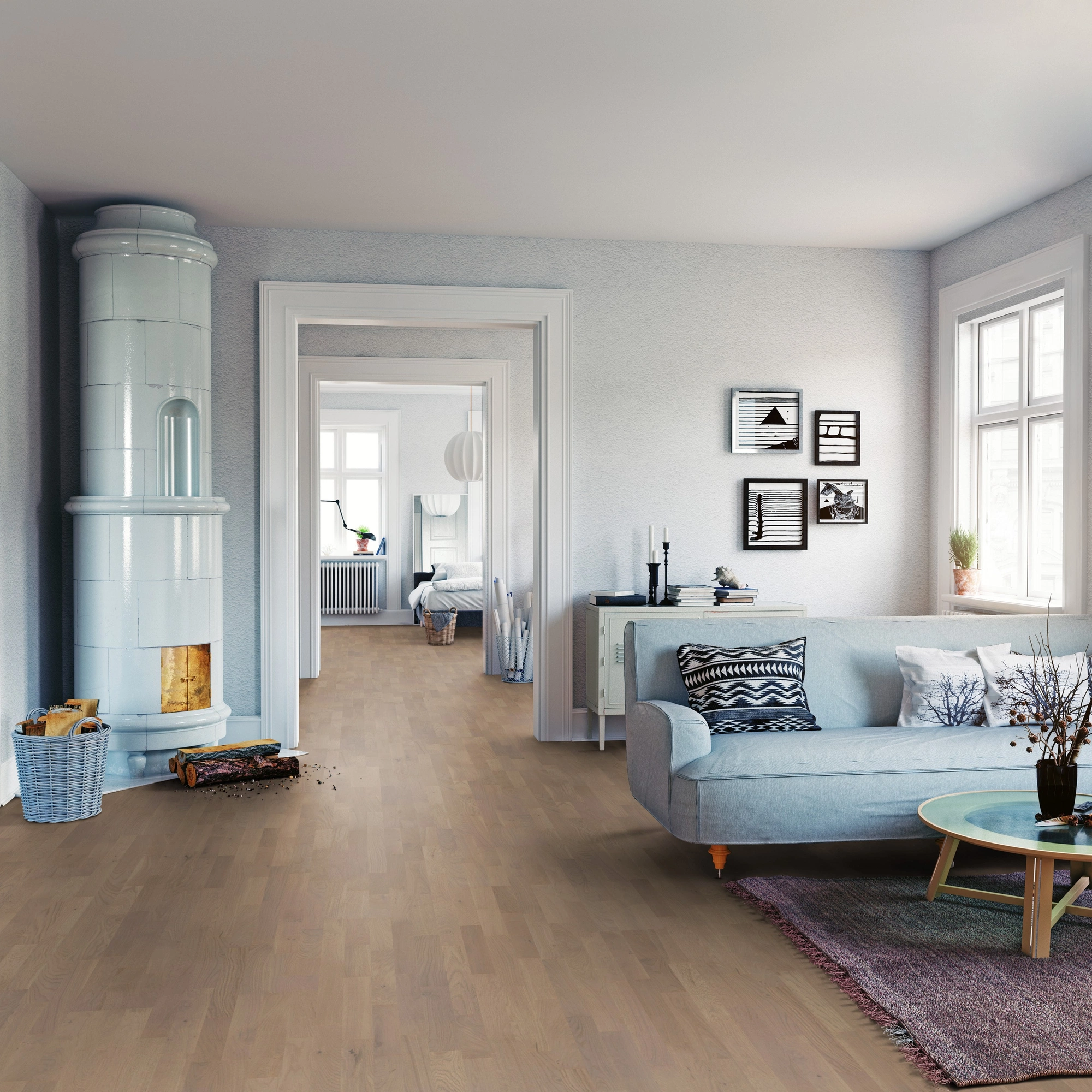 Milieubild Wohnzimmer mit Sofa und Kachelofen - ter Hürne Parkett Tailored Collection Eiche Bacchus Milieubild Wohnzimmer mit Sofa und Kachelofen - ter Hürne 1101312510