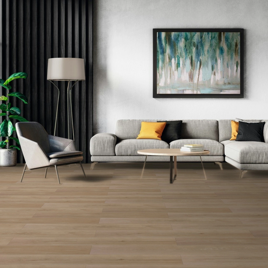 Milieubild Modernes Wohnzimmer mit Sessel und Sofa - BerryAlloc Klebe-Vinyl Zenn Gluedown 30 Orlando Milieubild Modernes Wohnzimmer mit Sessel und Sofa - BerryAlloc 60002219