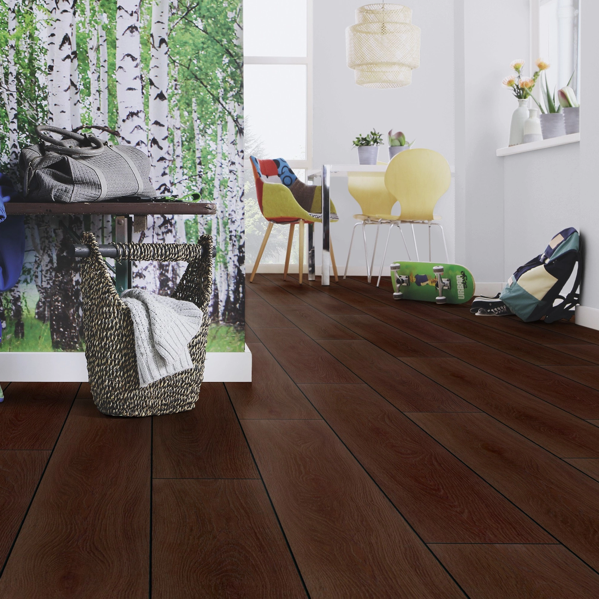 Milieubild Esszimmer mit Flur und Sitzbank - wineo Klick-Bioboden PURLINE wineo 1000 wood XL Calm Oak Mocca Milieubild Esszimmer mit Flur und Sitzbank - wineo PLC307R