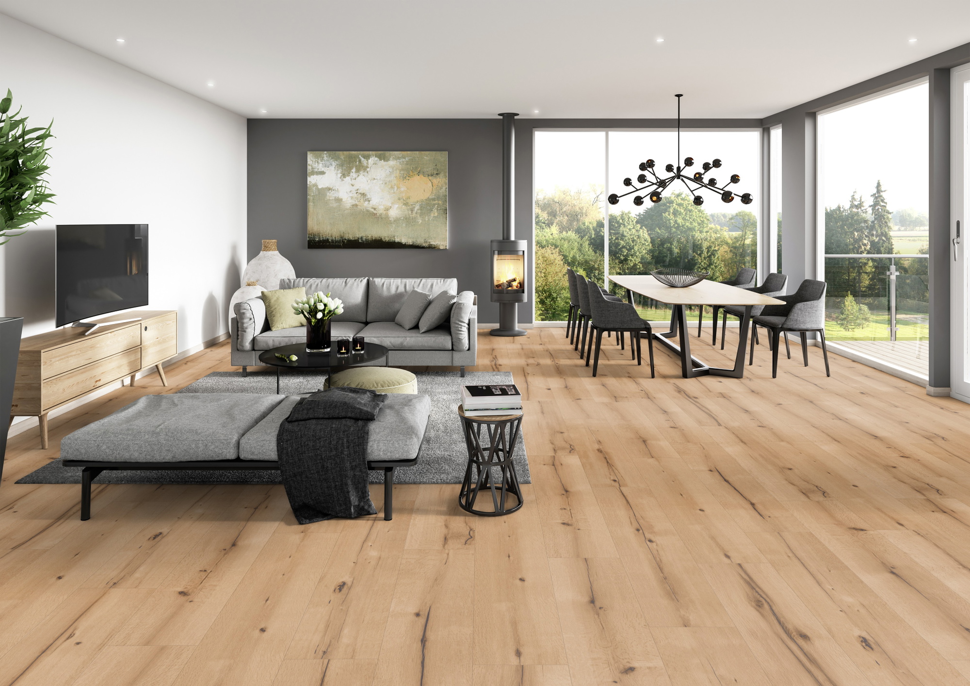 Milieubild Modernes Wohnzimmer mit Essbereich - ter Hürne Laminat Trend Edition Eiche Art Deco Milieubild Modernes Wohnzimmer mit Essbereich - ter Hürne 1101021826
