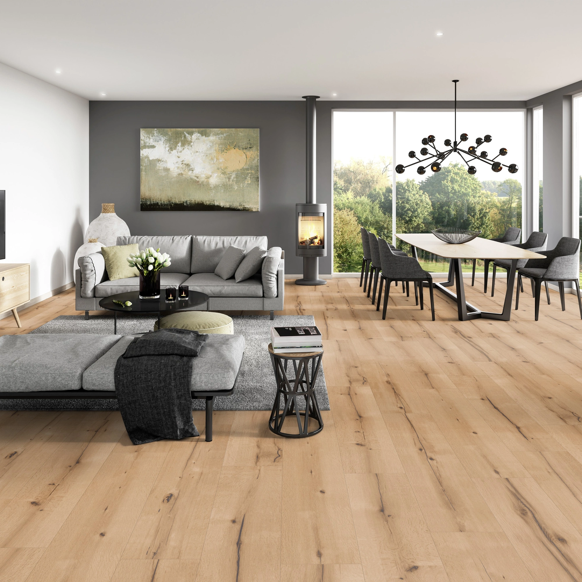 Milieubild Modernes Wohnzimmer mit Essbereich - ter Hürne Laminat Trend Edition Eiche Art Deco Milieubild Modernes Wohnzimmer mit Essbereich - ter Hürne 1101021826