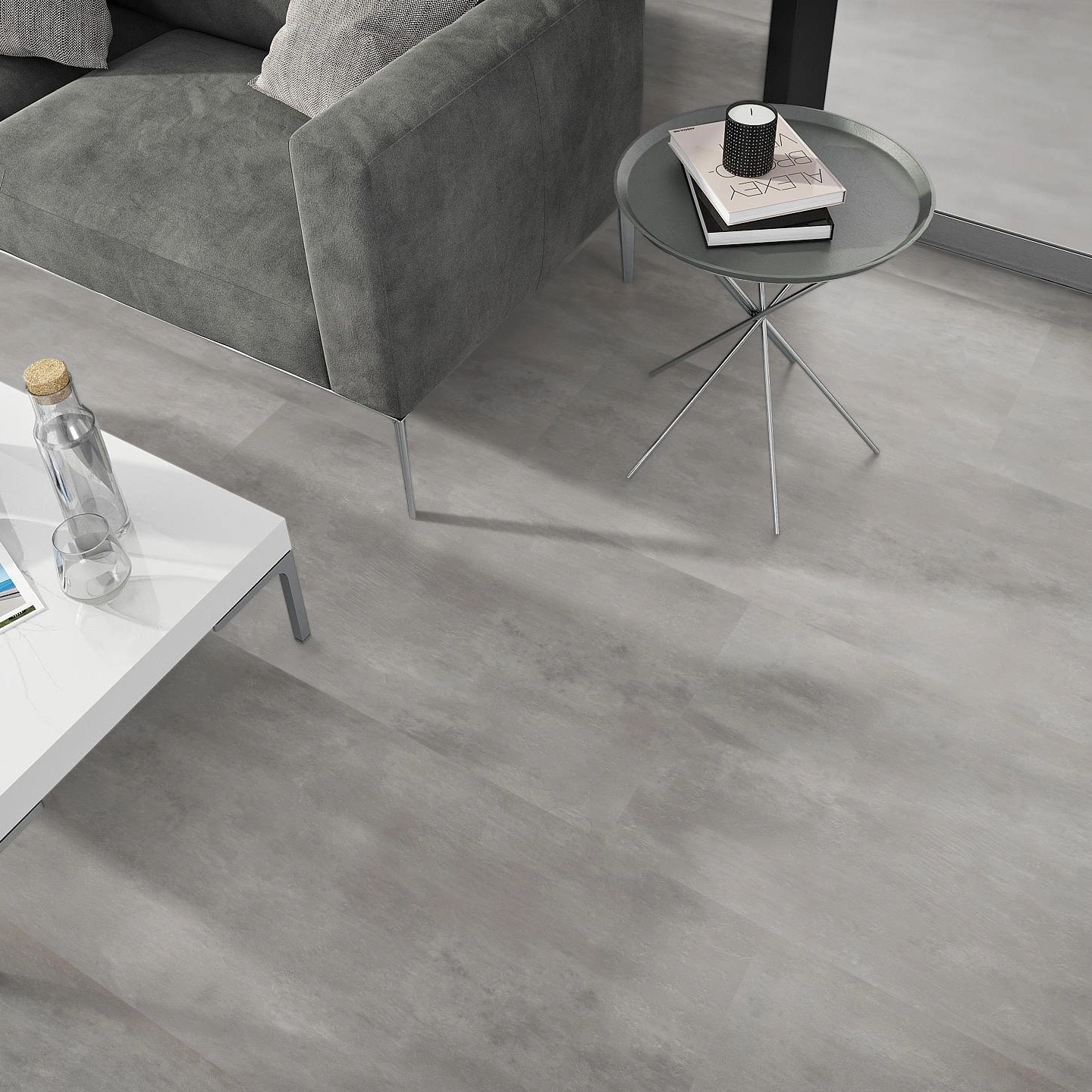 Milieubild Wohnzimmer - Sofa mit Beistelltisch und Glastür - nexflor Klebe-Vinyl Oreios Collection Helicon Milieubild Wohnzimmer - Sofa mit Beistelltisch und Glastür - nexflor NXF-51030-001