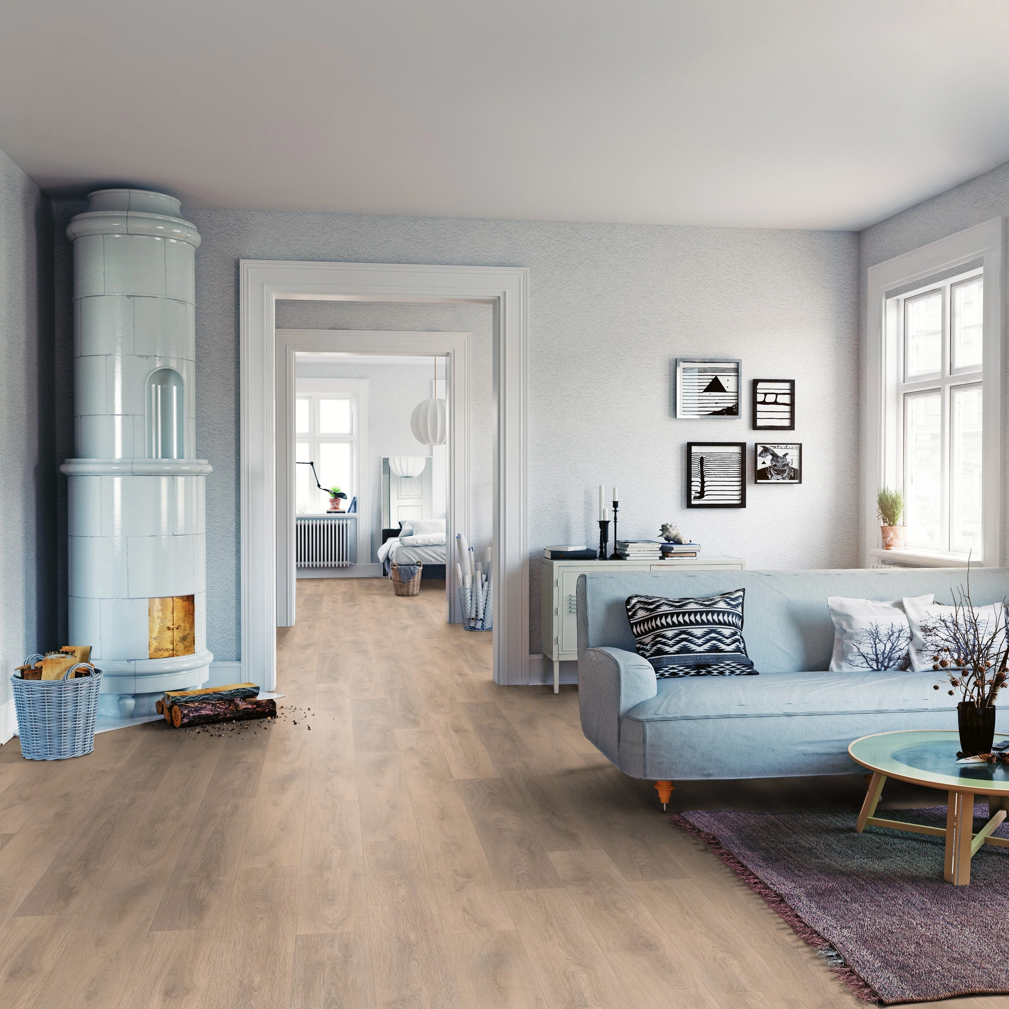 Milieubild Wohnzimmer mit Sofa und Kachelofen - ter Hürne Laminat Classic Edition Eiche French Bistro Milieubild Wohnzimmer mit Sofa und Kachelofen - ter Hürne 1101021838