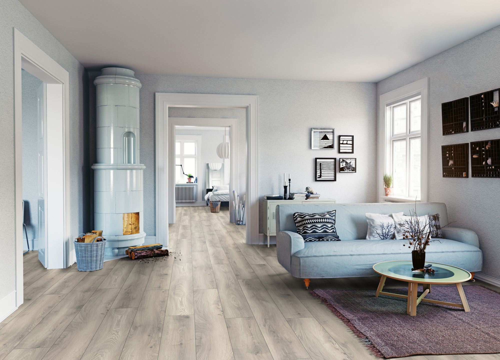 Milieubild Wohnzimmer mit Sofa und Kachelofen - ter Hürne HDF Klick-Designboden Dureco Silent Grand Edition Eiche Vanuatu Milieubild Wohnzimmer mit Sofa und Kachelofen - ter Hürne 1101330007