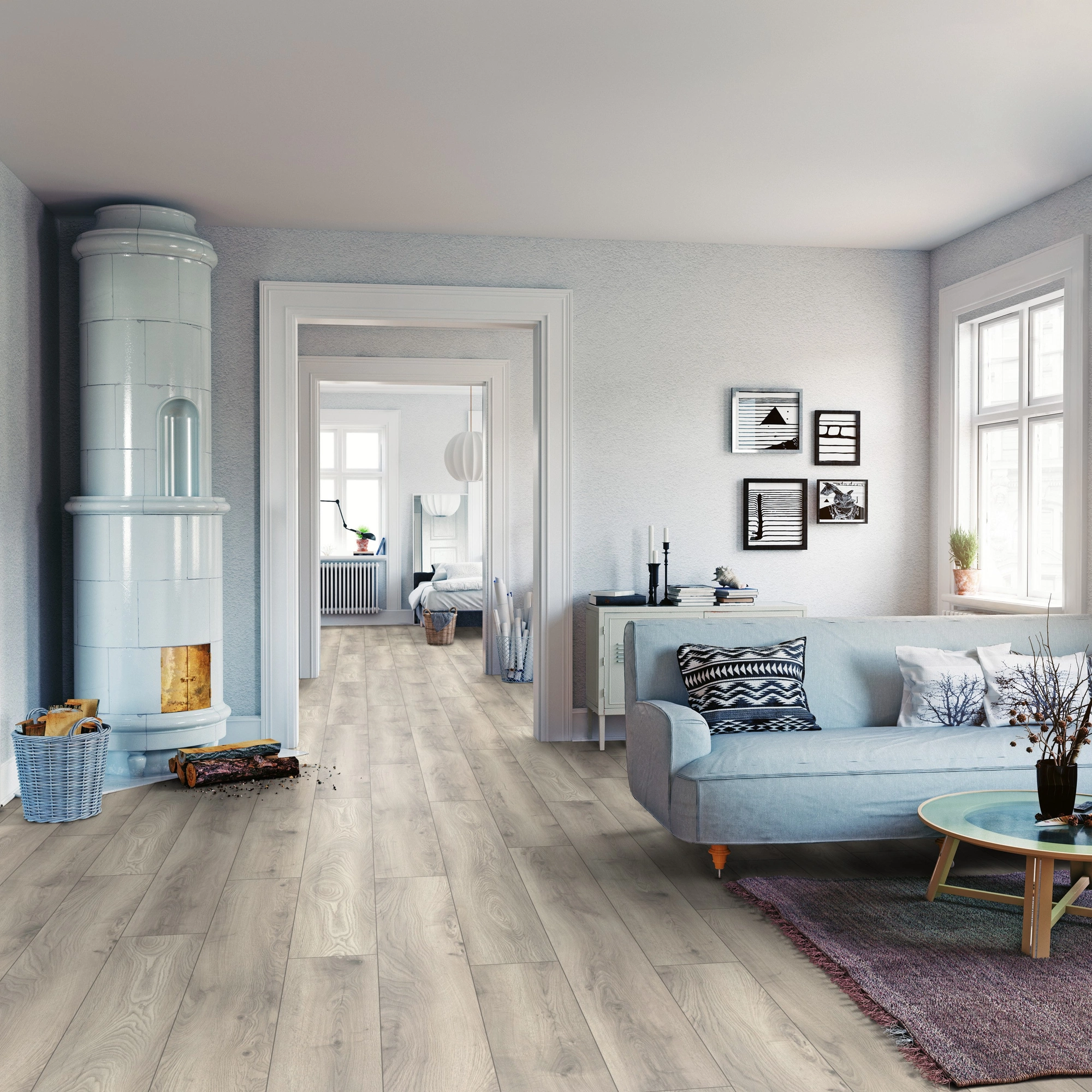 Milieubild Wohnzimmer mit Sofa und Kachelofen - ter Hürne HDF Klick-Designboden Dureco Silent Grand Edition Eiche Vanuatu Milieubild Wohnzimmer mit Sofa und Kachelofen - ter Hürne 1101330007