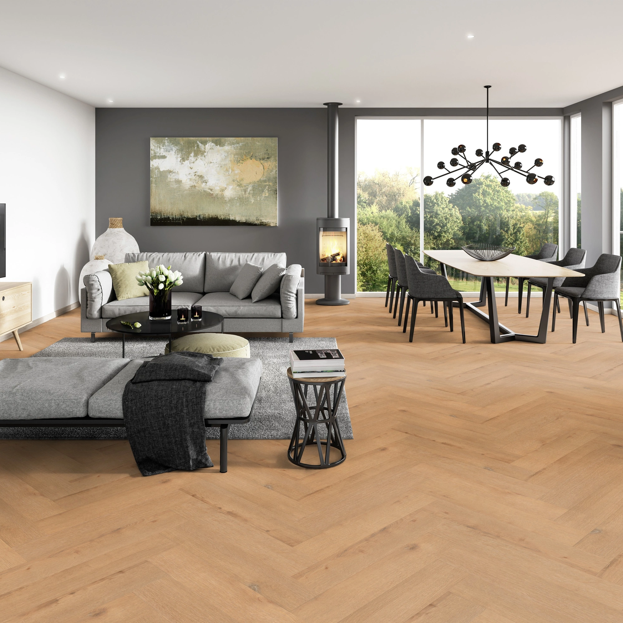 Milieubild Modernes Wohnzimmer mit Essbereich - ter Hürne Rigid Klick-Vinyl Perform Herringbone Edition Eiche Hamburg Milieubild Modernes Wohnzimmer mit Essbereich - ter Hürne 1101240800