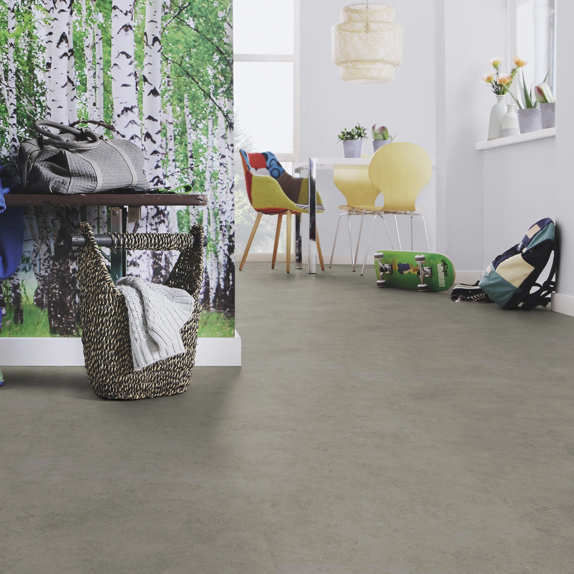 Milieubild Esszimmer mit Flur und Sitzbank - wineo Klebe-Bioboden PURLINE wineo 1200 stone XL Please meet Paula Milieubild Esszimmer mit Flur und Sitzbank - wineo PL117R