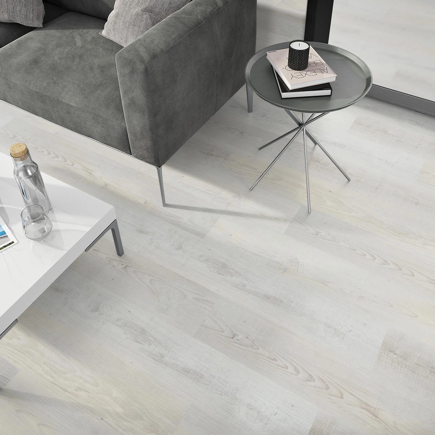 Milieubild Wohnzimmer - Sofa mit Beistelltisch und Glastür - nexflor Rigid Klick-Vinyl Apollo Click Collection Pergamon Oak Milieubild Wohnzimmer - Sofa mit Beistelltisch und Glastür - nexflor NXF-60030-008