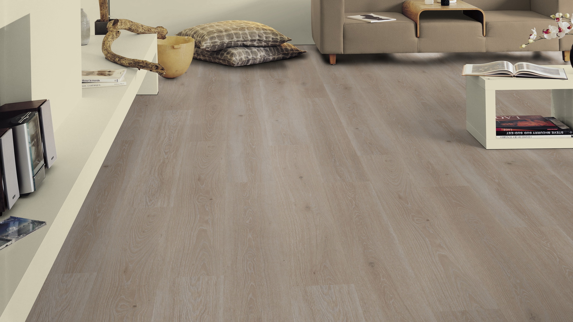 Milieubild Wohnzimmer mit Sideboard - Tarkett Klebe-Vinyl Essence 30 Tribe Oak Grey Milieubild Wohnzimmer mit Sideboard - Tarkett 260055008