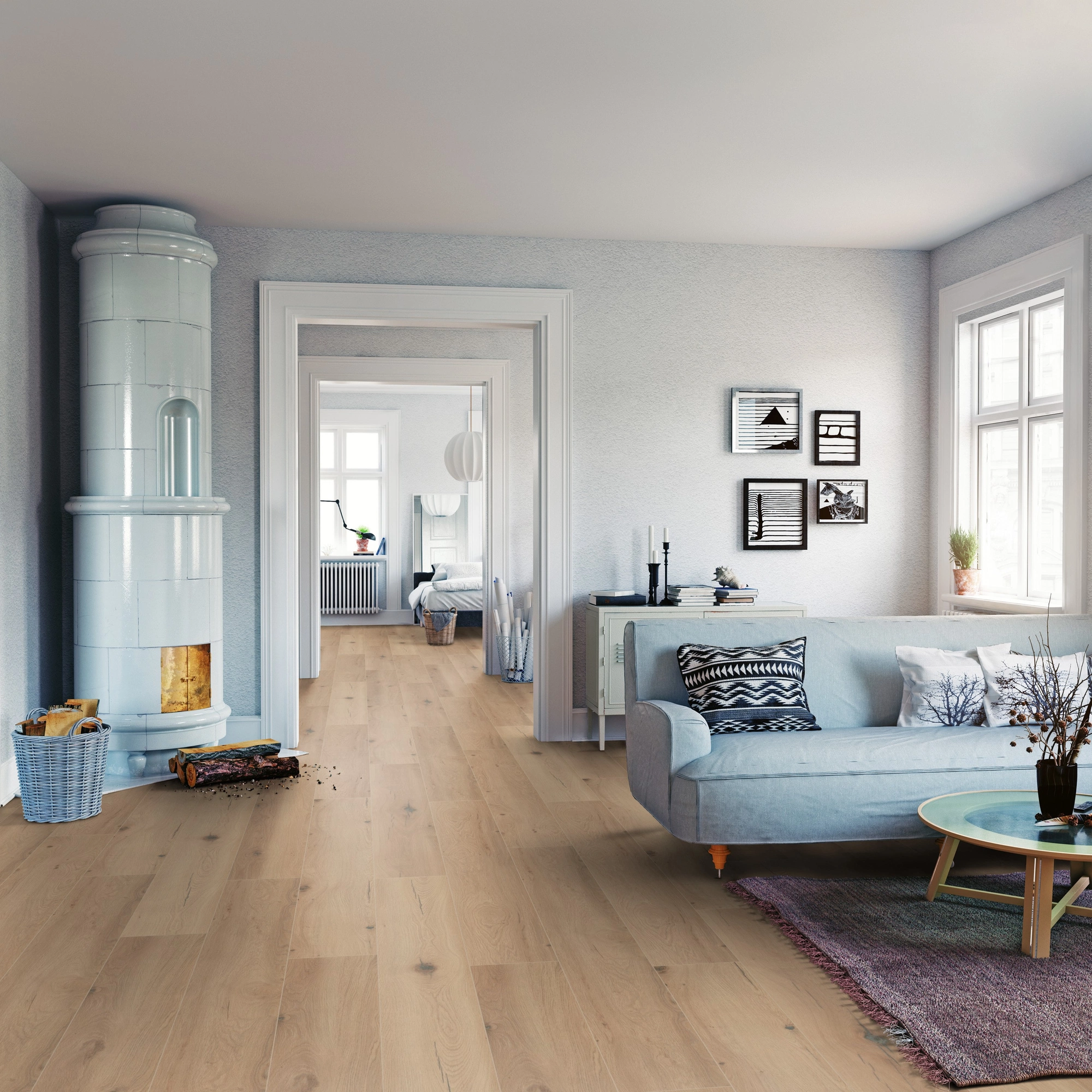 Milieubild Wohnzimmer mit Sofa und Kachelofen - ter Hürne HDF Klick-Designboden Dureco Silent Grand Edition Eiche Palau Milieubild Wohnzimmer mit Sofa und Kachelofen - ter Hürne 1101330008