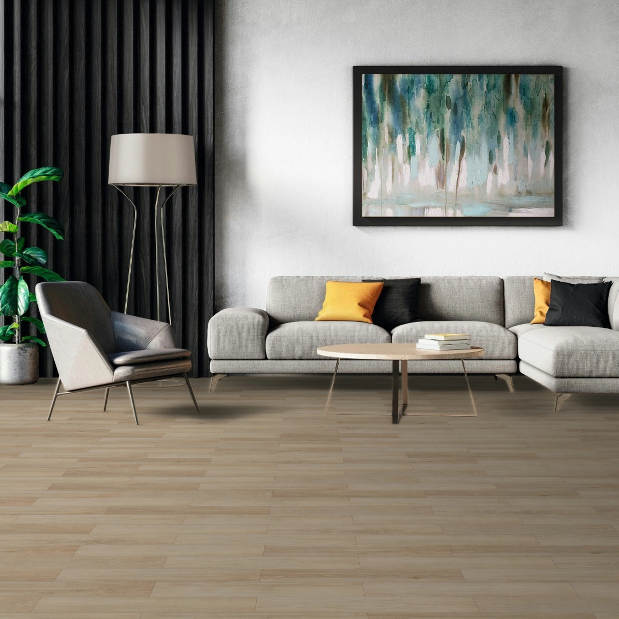 Milieubild Modernes Wohnzimmer mit Sessel und Sofa - BerryAlloc Klebe-Vinyl Zenn Gluedown 55 Herringbone Sorrento Milieubild Modernes Wohnzimmer mit Sessel und Sofa - BerryAlloc 60002262