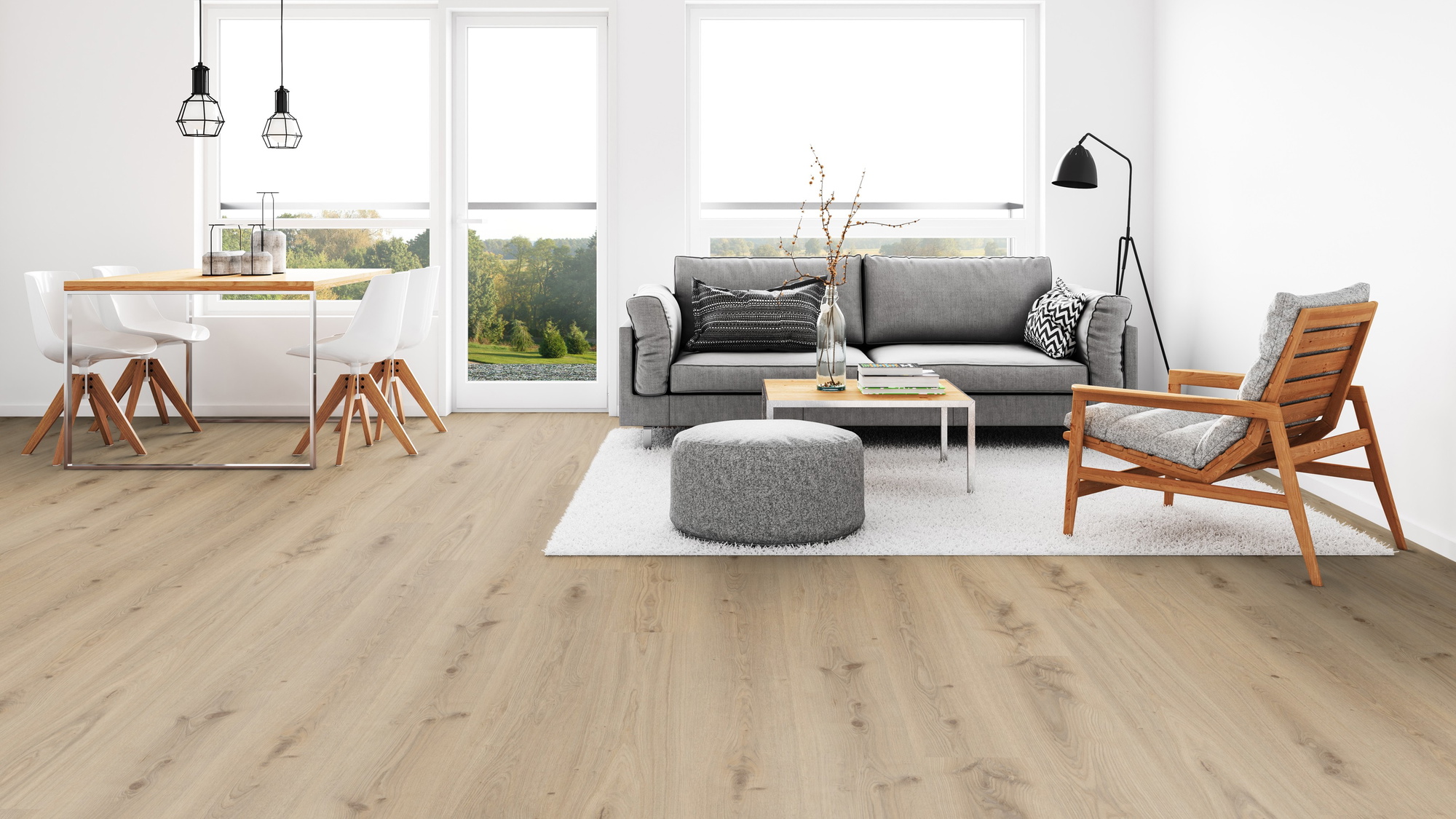 Milieubild Wohnzimmer mit Esszimmer - Tarkett Rigid Klick-Vinyl Essence Rigid 55 Primary Oak Natural Milieubild Wohnzimmer mit Esszimmer - Tarkett 260030004