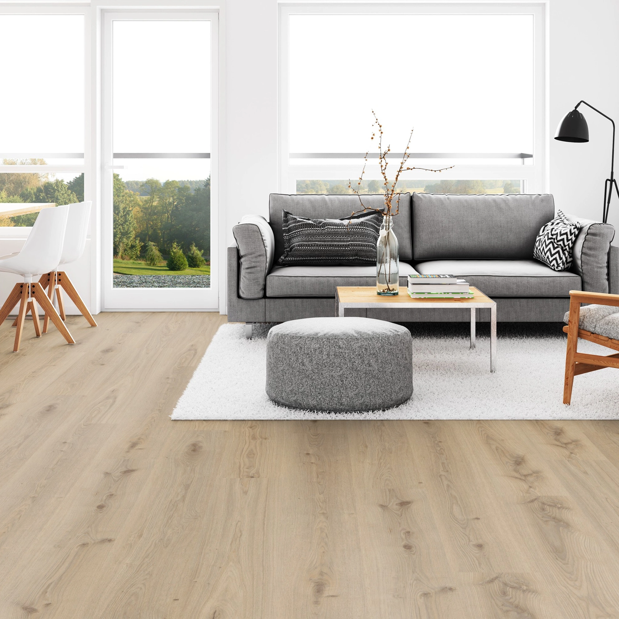 Milieubild Wohnzimmer mit Esszimmer - Tarkett Rigid Klick-Vinyl Essence Rigid 55 Primary Oak Natural Milieubild Wohnzimmer mit Esszimmer - Tarkett 260030004