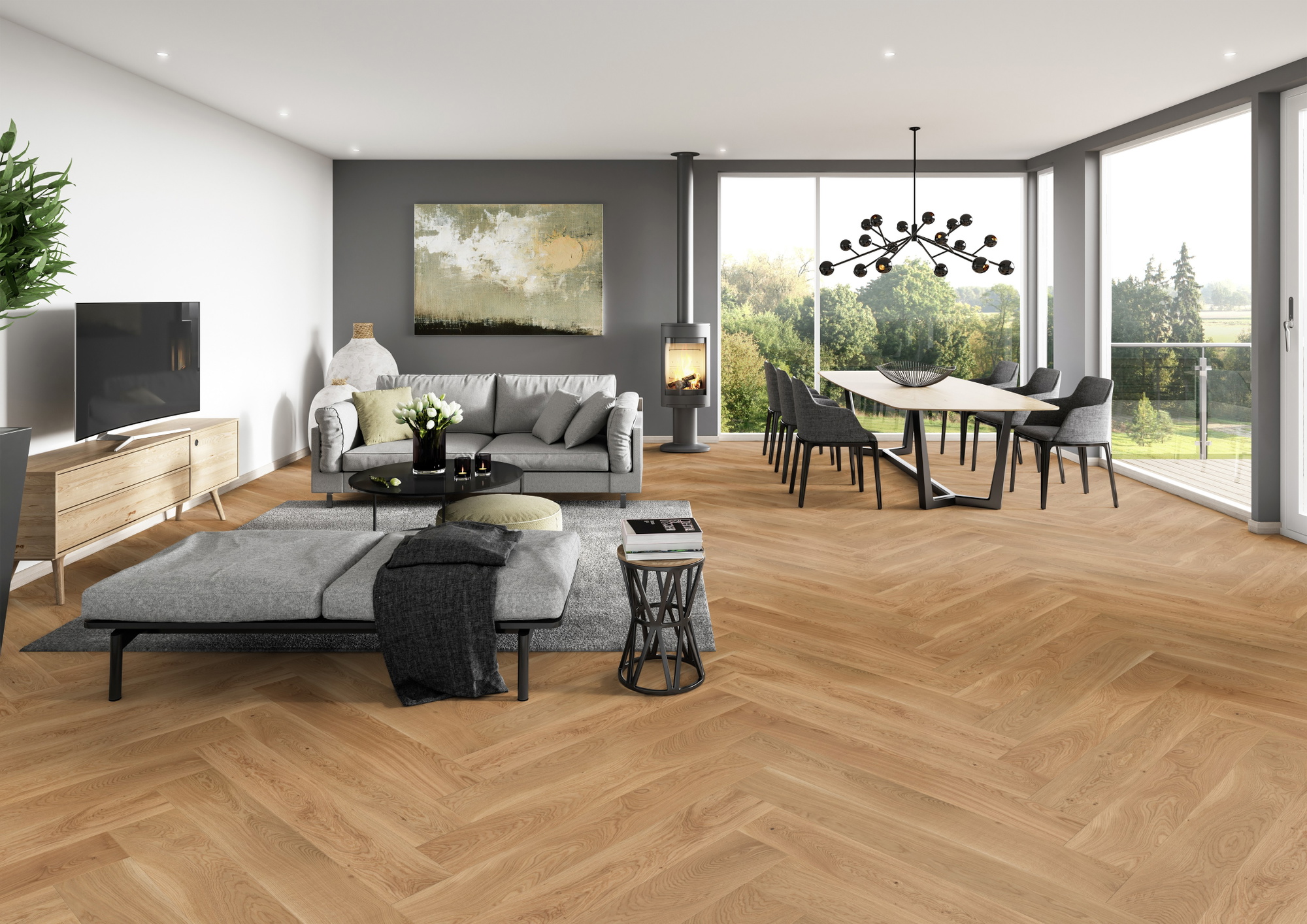 Milieubild Modernes Wohnzimmer mit Essbereich - ter Hürne Parkett Herringbone Collection Eiche Texel Milieubild Modernes Wohnzimmer mit Essbereich - ter Hürne 1101312521