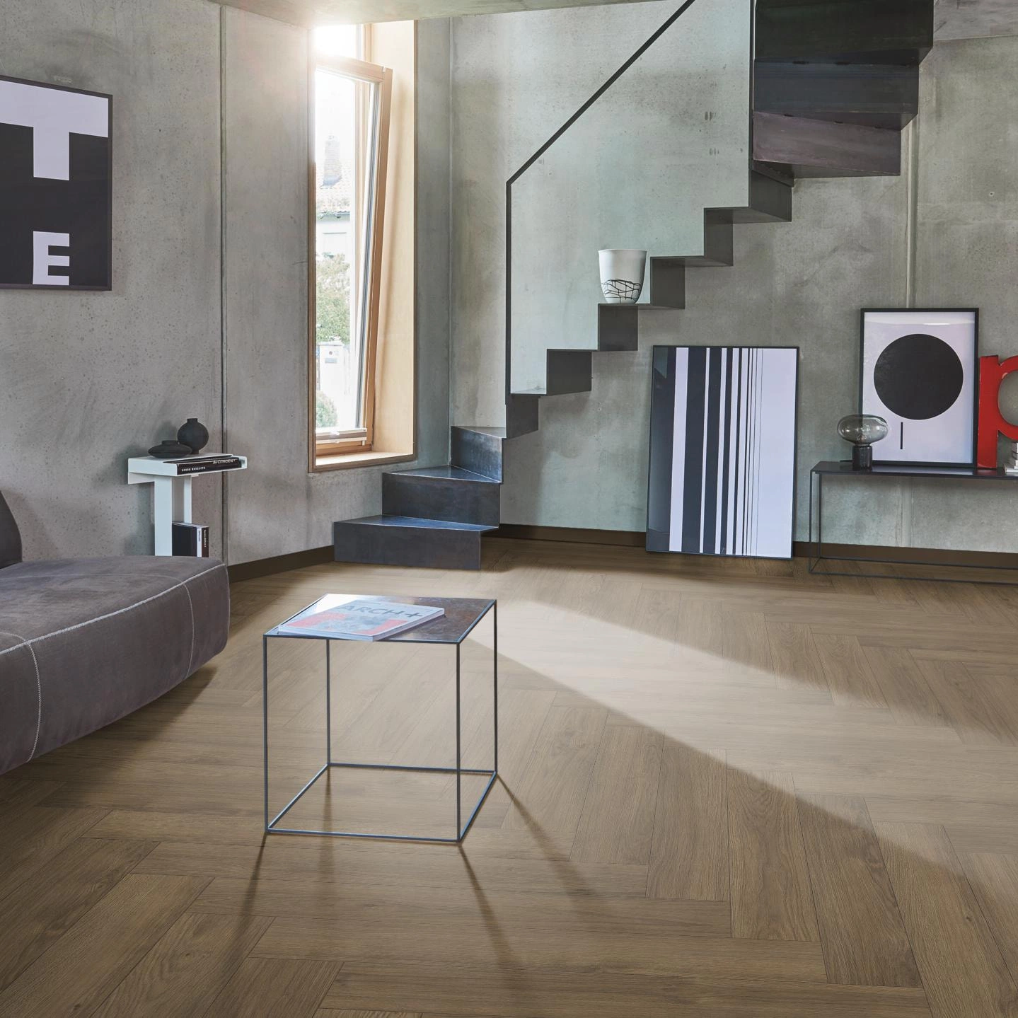 Milieubild Wohnzimmer im modernen Loft-Stil - Parador Laminat Trendtime 3 Eiche Mont Blanc dunkelbraun Milieubild Wohnzimmer im modernen Loft-Stil - Parador 1748754