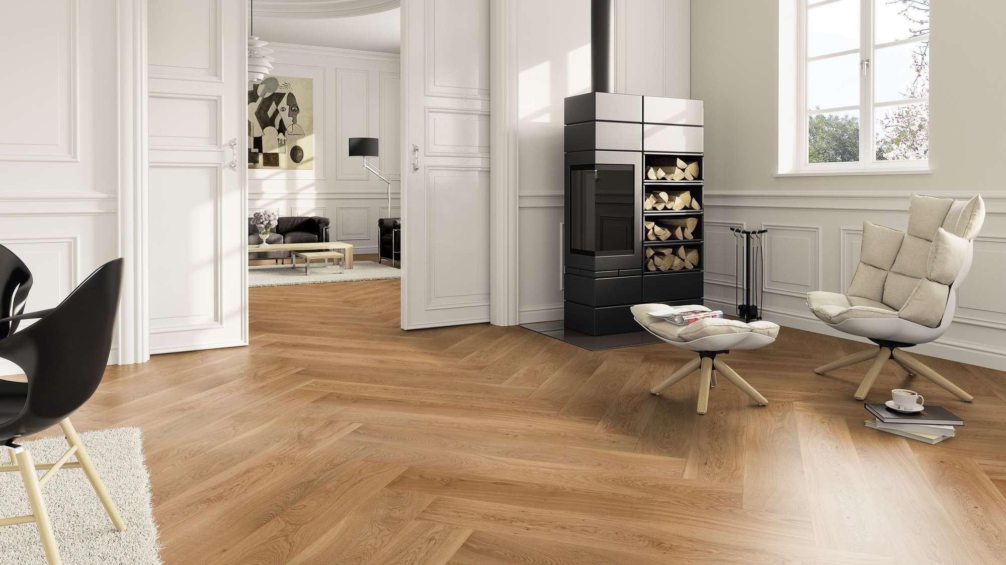 Milieubild Wohnzimmer im Landhaus-Stil mit Kamin - ter Hürne Parkett Herringbone Collection Eiche Texel Milieubild Wohnzimmer im Landhaus-Stil mit Kamin - ter Hürne 1101312521