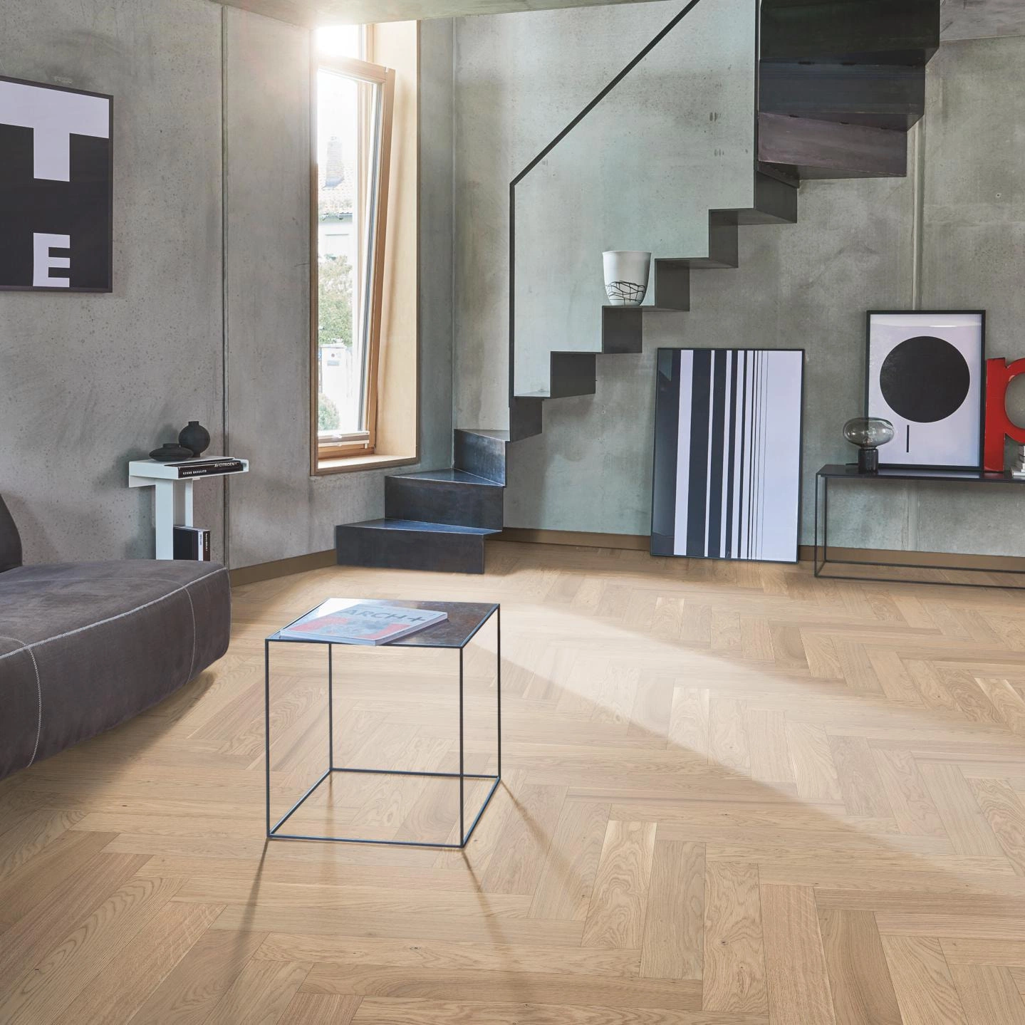 Milieubild Wohnzimmer im modernen Loft-Stil - Parador Parkett Trendtime 3 Eiche Pure Milieubild Wohnzimmer im modernen Loft-Stil - Parador 1601580
