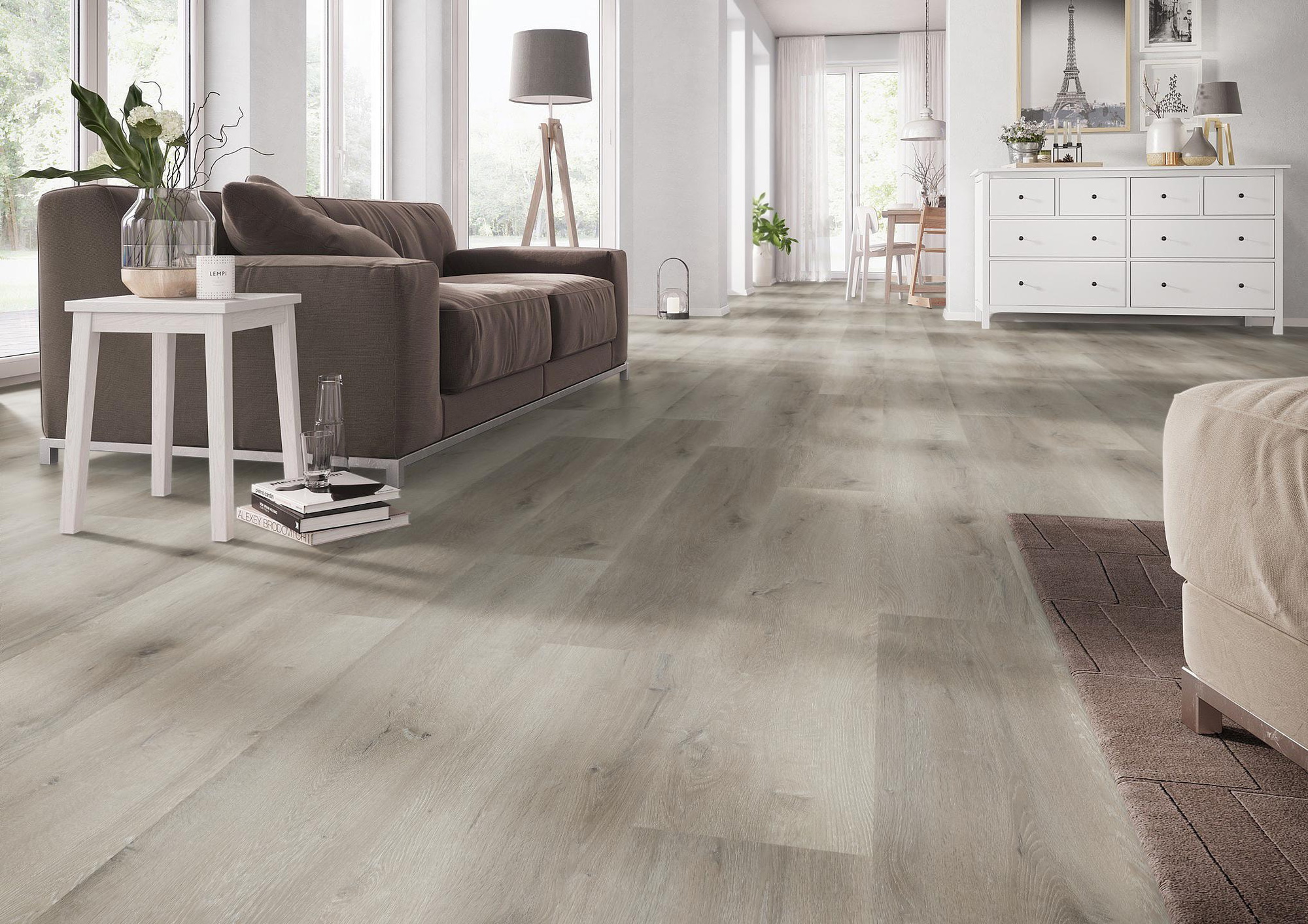 Milieubild Wohnzimmer mit Couch - nexflor Rigid Klick-Vinyl Helios Click Collection Teos Oak Milieubild Wohnzimmer mit Couch - nexflor NXF-20030-004