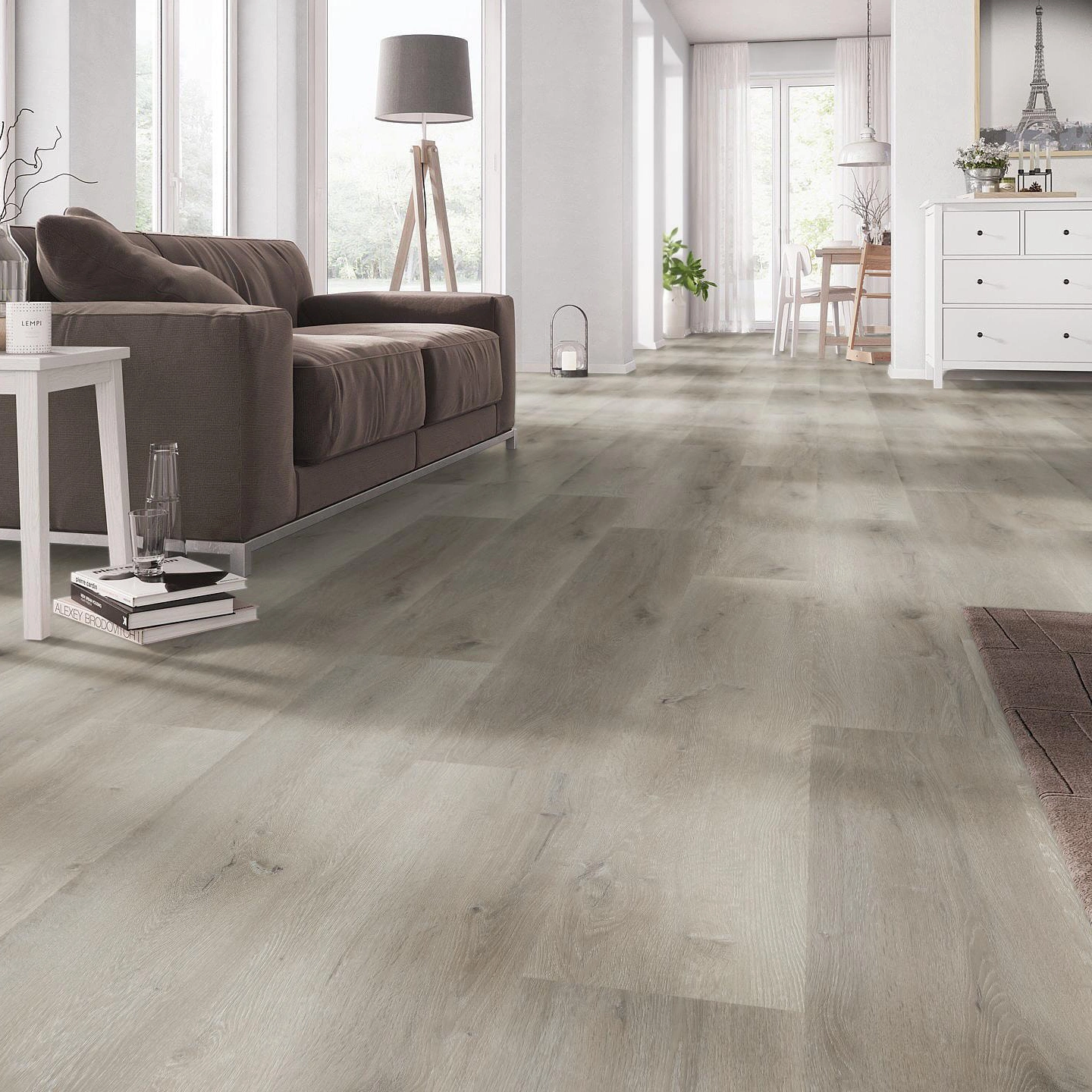 Milieubild Wohnzimmer mit Couch - nexflor Rigid Klick-Vinyl Helios Click Collection Teos Oak Milieubild Wohnzimmer mit Couch - nexflor NXF-20030-004