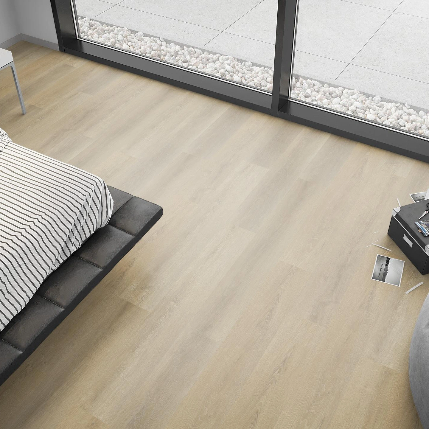 Milieubild Schlafzimmer mit Sitzkissen - nexflor Rigid Klick-Vinyl Apollo Click Collection Samos Oak Milieubild Schlafzimmer mit Sitzkissen - nexflor NXF-60030-015