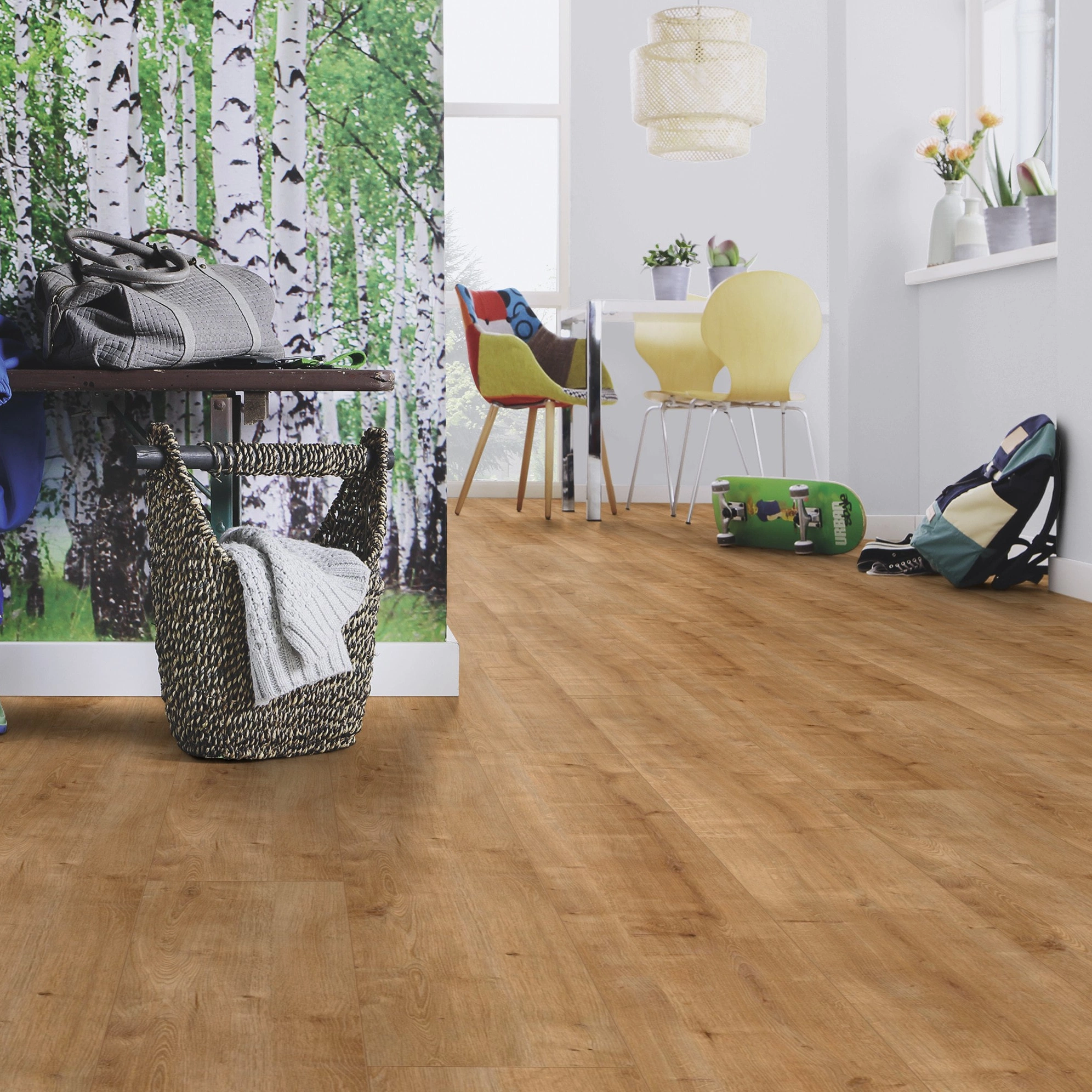 Milieubild Esszimmer mit Flur und Sitzbank - wineo HDF Klick-Bioboden PURLINE wineo 1200 wood XXL Hello Martha Milieubild Esszimmer mit Flur und Sitzbank - wineo MLP076R