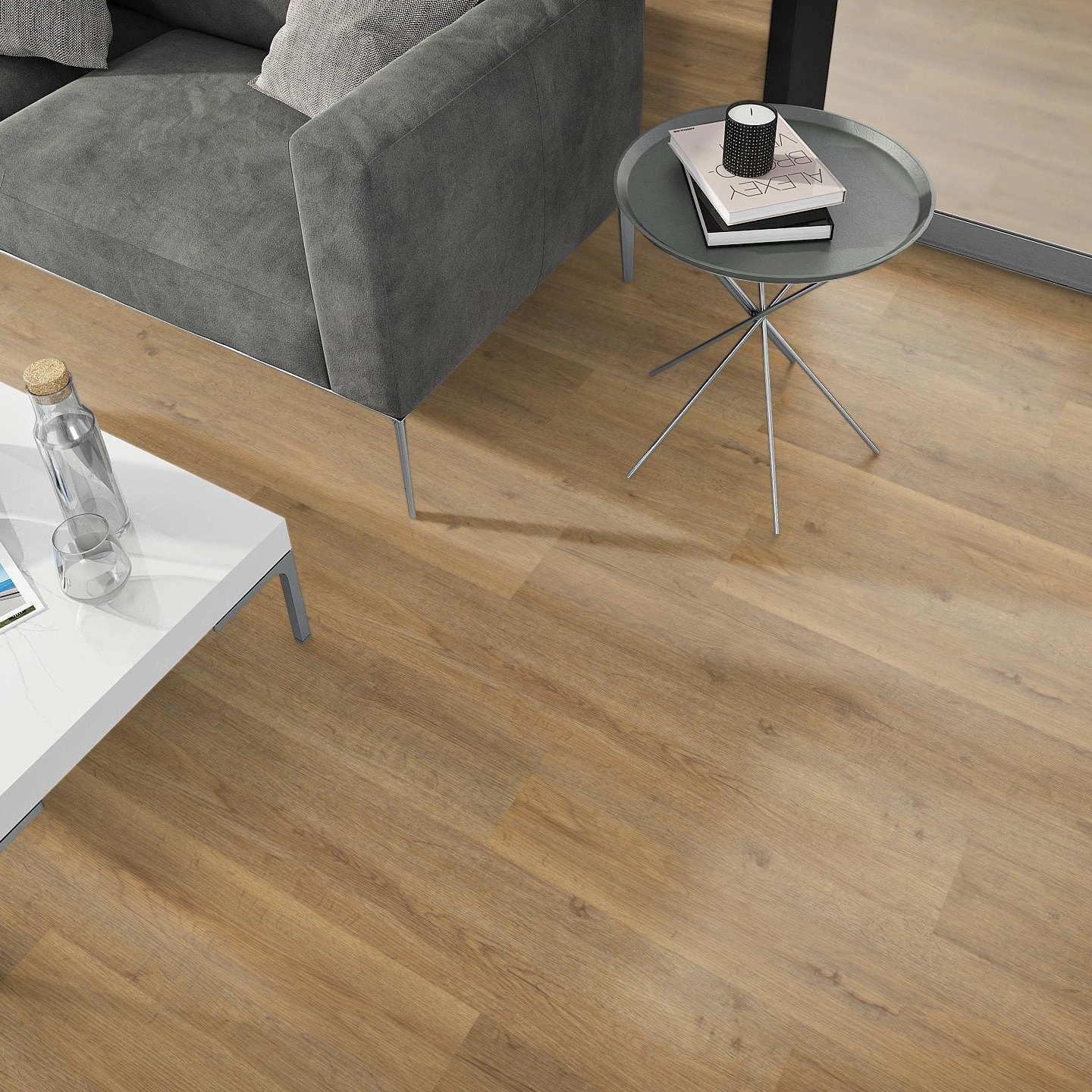 Milieubild Wohnzimmer - Sofa mit Beistelltisch und Glastür - nexflor Rigid Klick-Vinyl Apollo Click Collection Delphi Oak Milieubild Wohnzimmer - Sofa mit Beistelltisch und Glastür - nexflor NXF-60030-002
