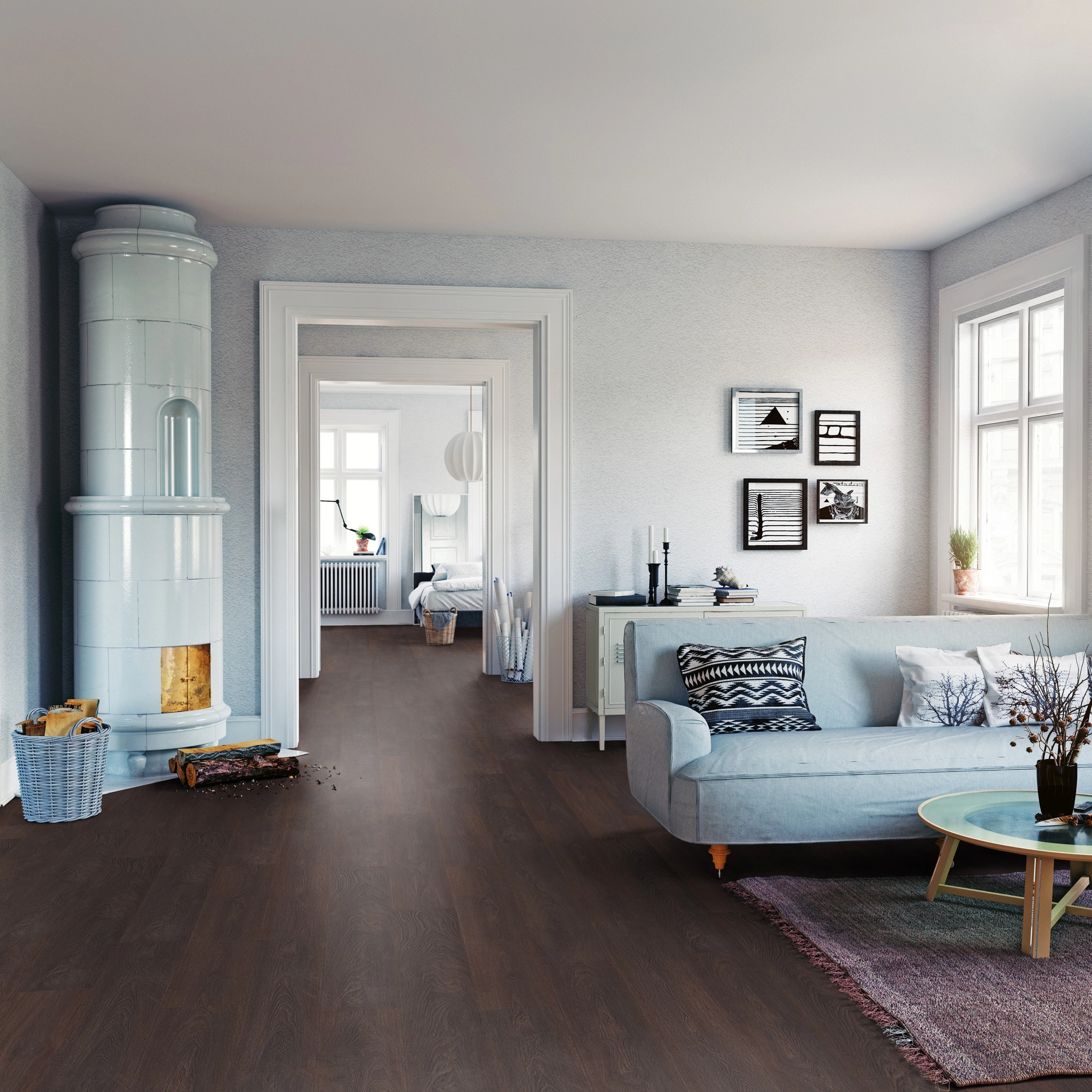 Milieubild Wohnzimmer mit Sofa und Kachelofen - ter Hürne Laminat Classic Edition Eiche Irish Pub Milieubild Wohnzimmer mit Sofa und Kachelofen - ter Hürne 1101021842