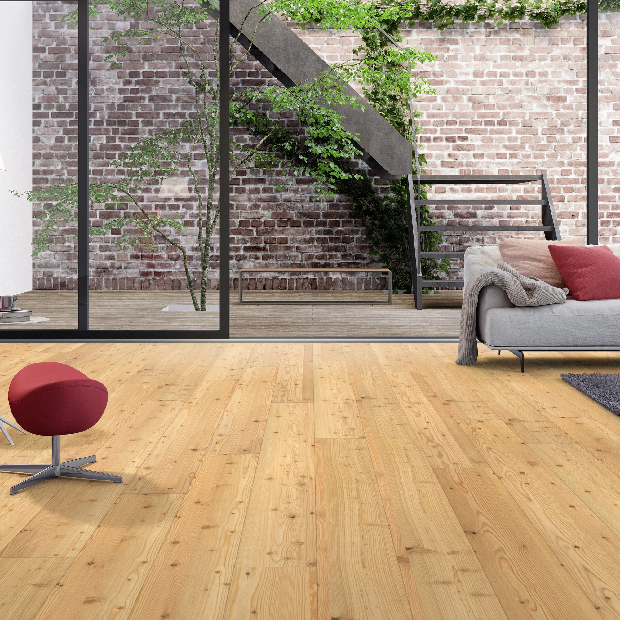 Milieubild Wohnzimmer mit Zugang zum Innenhof - Admonter Parkett Stammbaum Kollektion Lärche natur Milieubild Wohnzimmer mit Zugang zum Innenhof - Admonter 118345