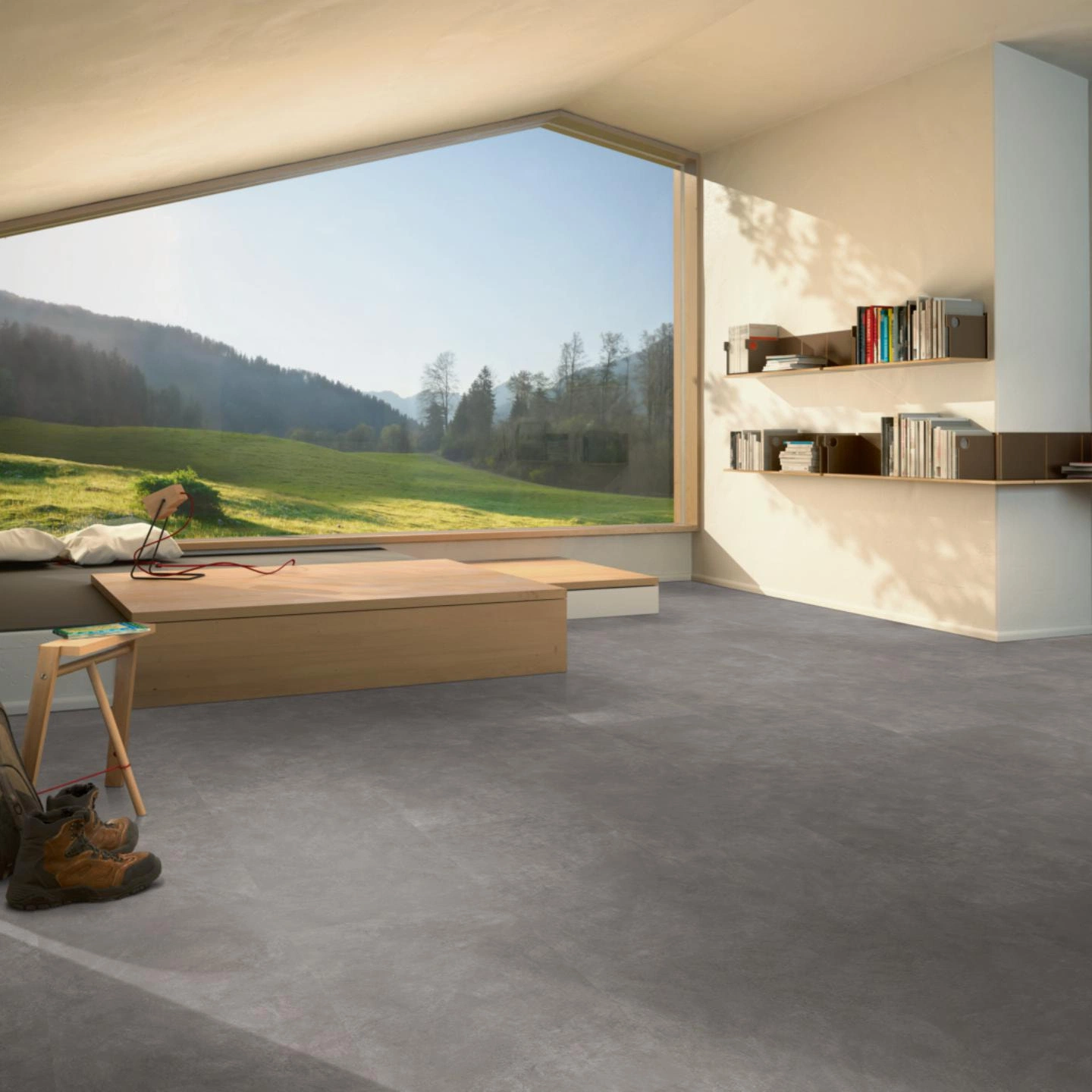 Milieubild Moderne Hütte mit Blick in die Natur - Parador Laminat Trendtime 5 Beton dunkelgrau Milieubild Moderne Hütte mit Blick in die Natur - Parador 1743596
