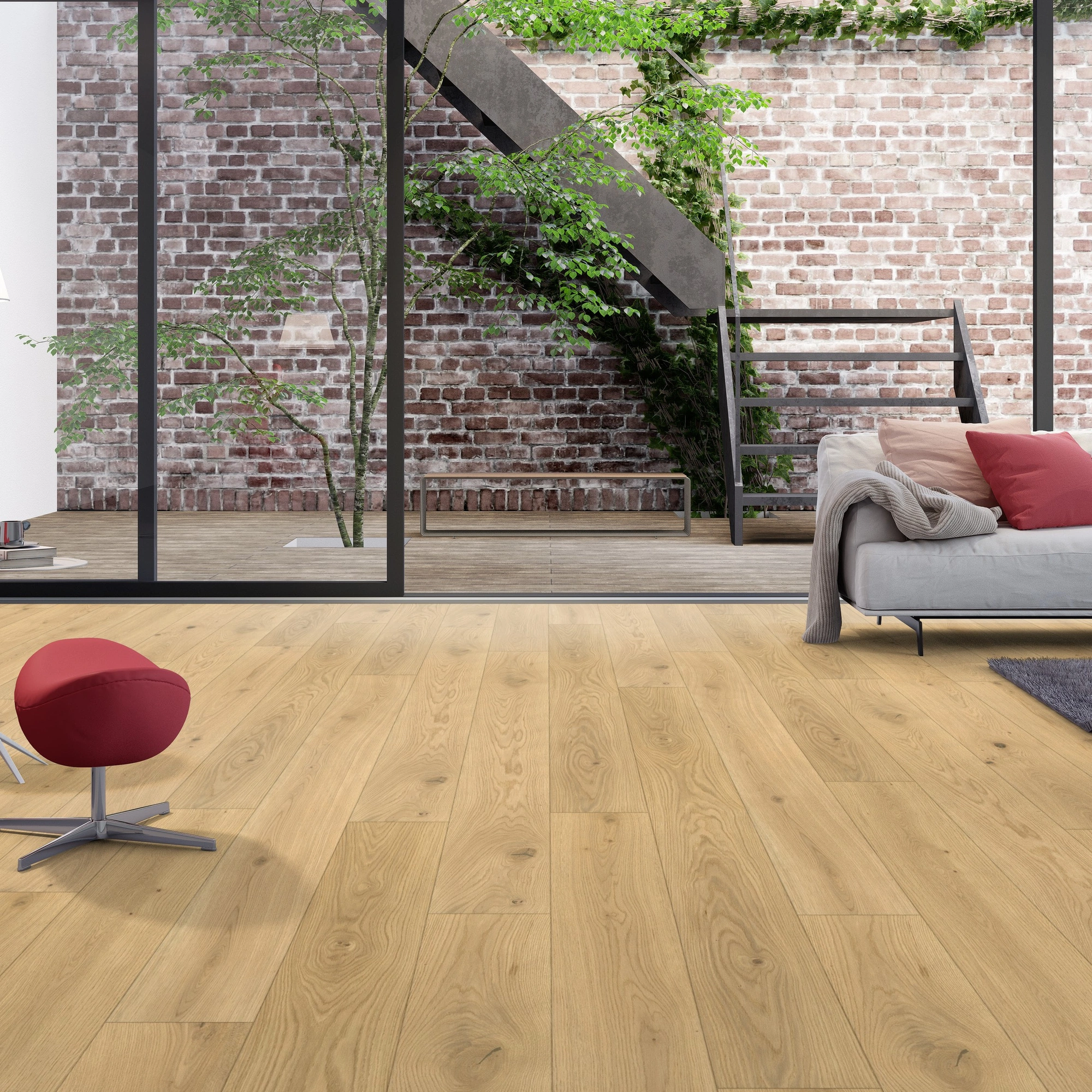 Milieubild Wohnzimmer mit Zugang zum Innenhof - Admonter Parkett FLOORs Eiche natura Milieubild Wohnzimmer mit Zugang zum Innenhof - Admonter 115774