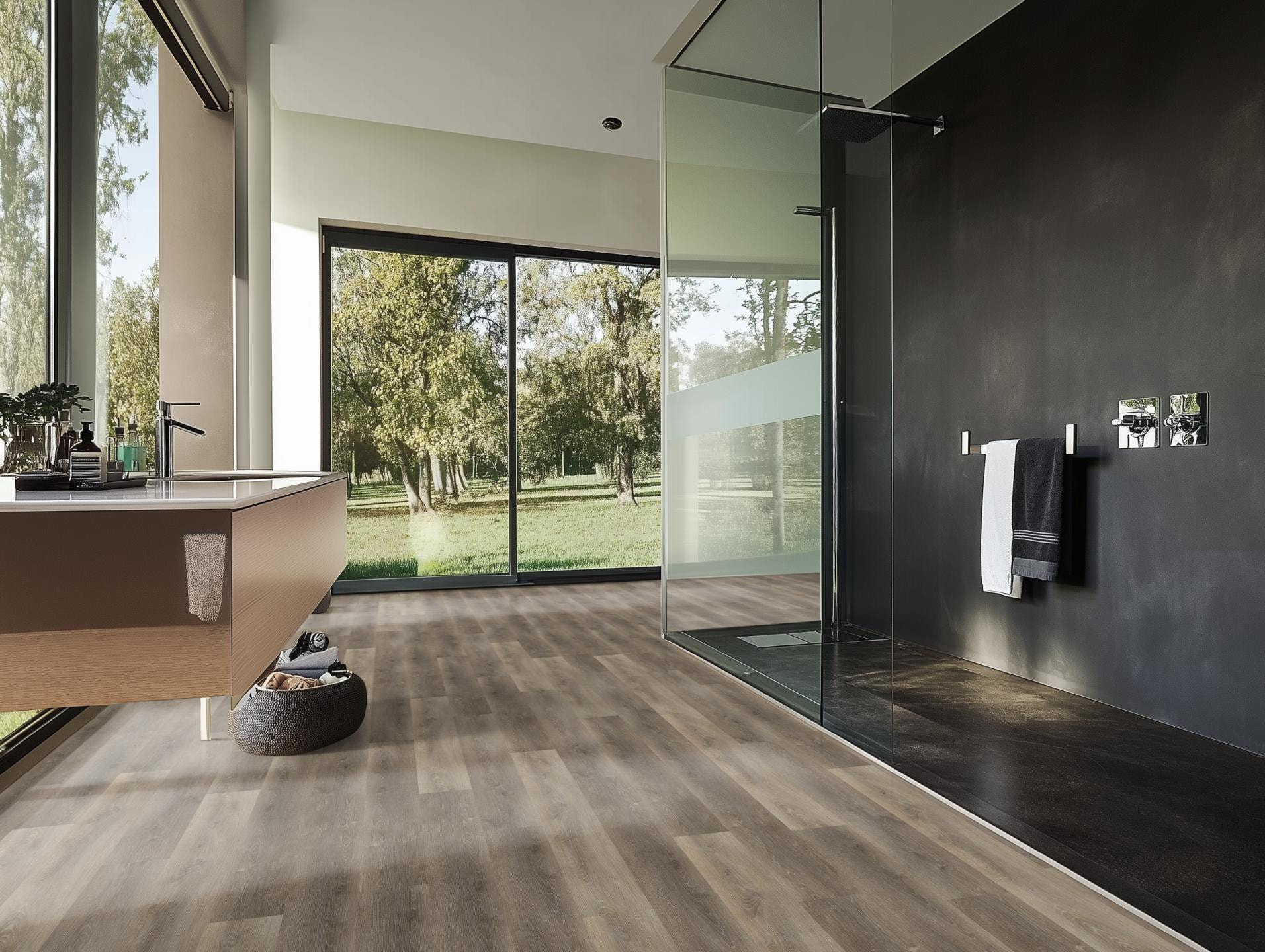 Milieubild Modernes Badezimmer mit bodentiefer Dusche - nexflor Rigid Klick-Vinyl Apollo Click Collection Rhodes Oak Milieubild Modernes Badezimmer mit bodentiefer Dusche - nexflor NXF-60030-010
