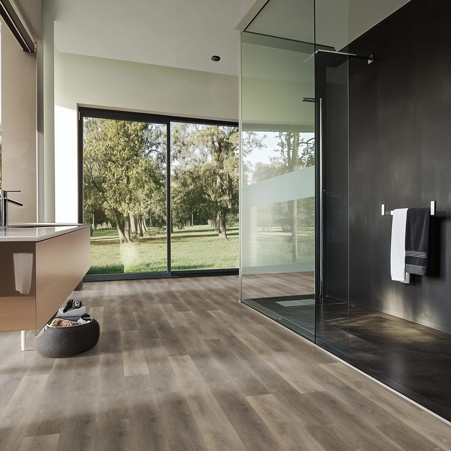 Milieubild Modernes Badezimmer mit bodentiefer Dusche - nexflor Rigid Klick-Vinyl Apollo Click Collection Rhodes Oak Milieubild Modernes Badezimmer mit bodentiefer Dusche - nexflor NXF-60030-010