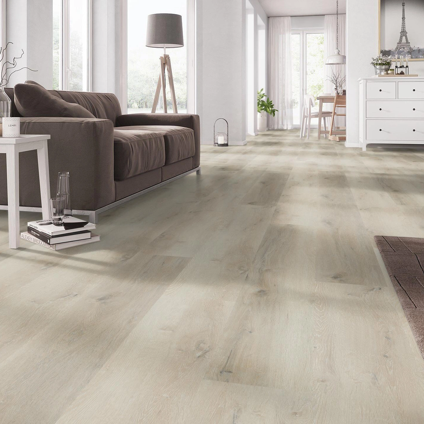 Milieubild Wohnzimmer mit Couch - nexflor Klebe-Vinyl Helios Collection Phocis Oak Milieubild Wohnzimmer mit Couch - nexflor NXF-10030-001
