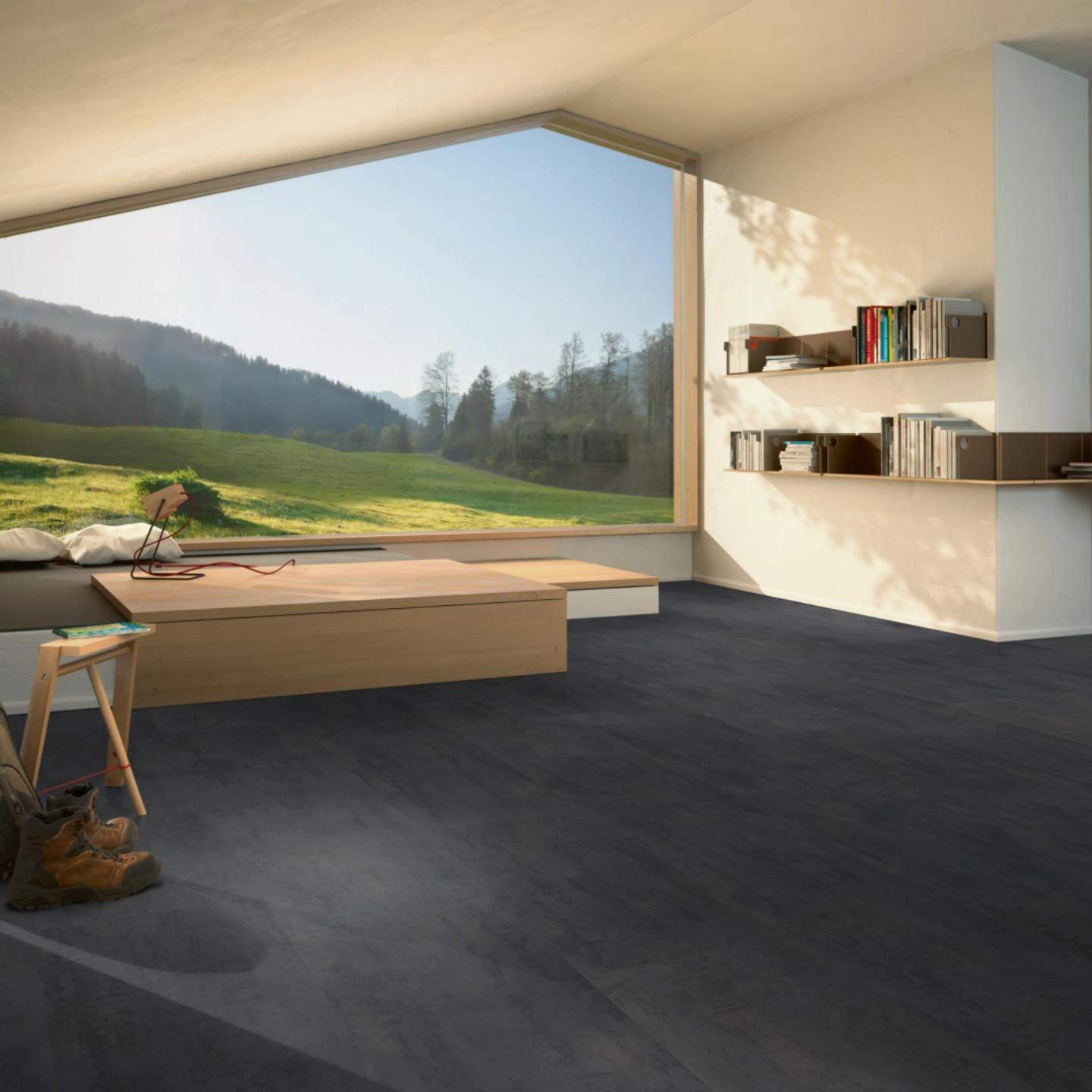 Milieubild Moderne Hütte mit Blick in die Natur - Parador Laminat Trendtime 5 Rohstahl Milieubild Moderne Hütte mit Blick in die Natur - Parador 1743600