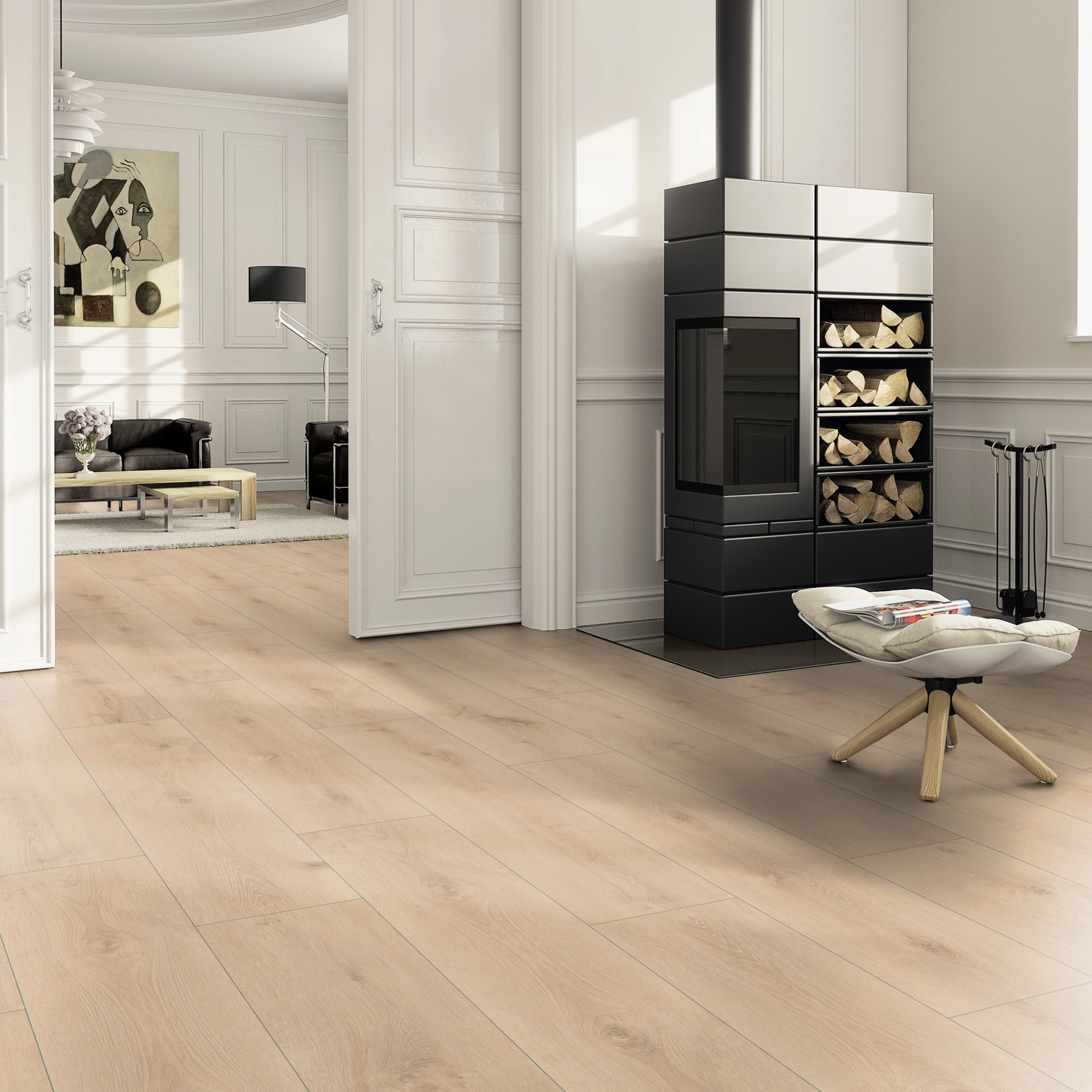 Milieubild Wohnzimmer im Landhaus-Stil mit Kamin - ter Hürne Klebe-Designboden Avatara Pro Classic Edition Eiche Capella Milieubild Wohnzimmer im Landhaus-Stil mit Kamin - ter Hürne 1101270110
