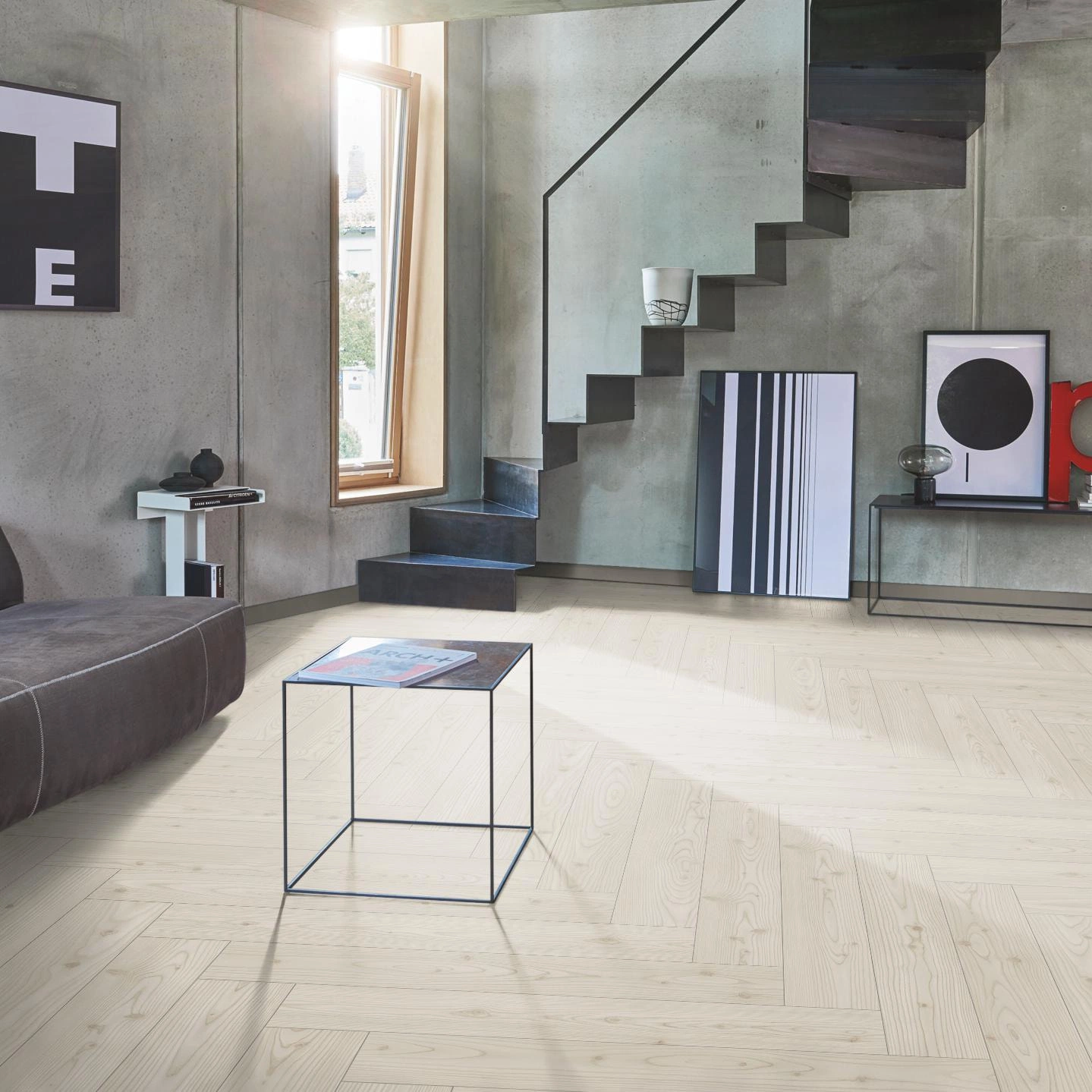 Milieubild Wohnzimmer im modernen Loft-Stil - Parador Laminat Trendtime 3 Lärche Yukon weiß Milieubild Wohnzimmer im modernen Loft-Stil - Parador 1748751