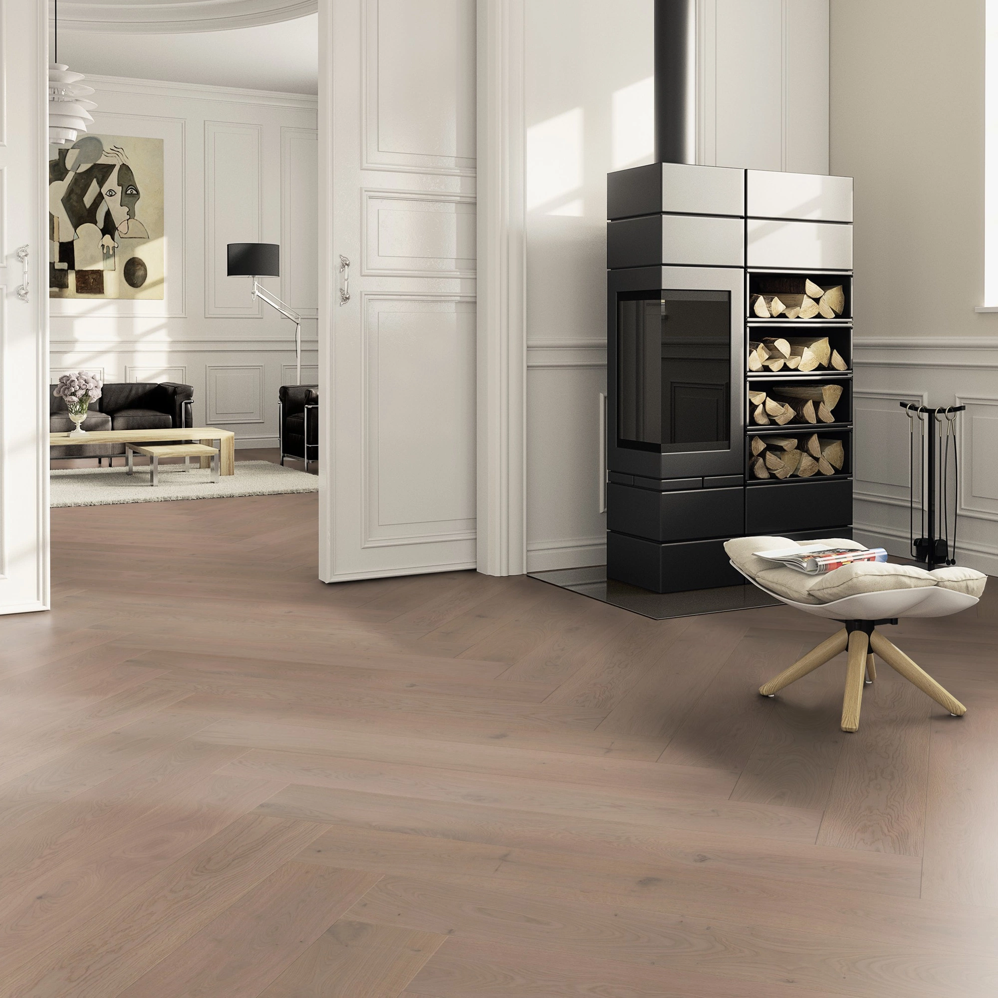 Milieubild Wohnzimmer im Landhaus-Stil mit Kamin - ter Hürne Parkett Herringbone Collection Eiche Sylt Milieubild Wohnzimmer im Landhaus-Stil mit Kamin - ter Hürne 1101312518
