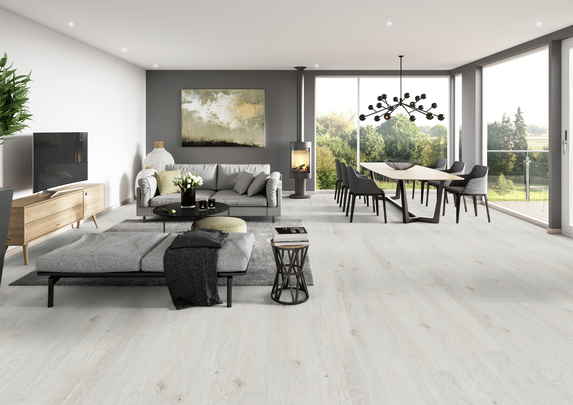Milieubild Modernes Wohnzimmer mit Essbereich - ter Hürne Klick-Designboden Dureco Strong Classic Edition Eiche Santorini Milieubild Modernes Wohnzimmer mit Essbereich - ter Hürne 1101260052