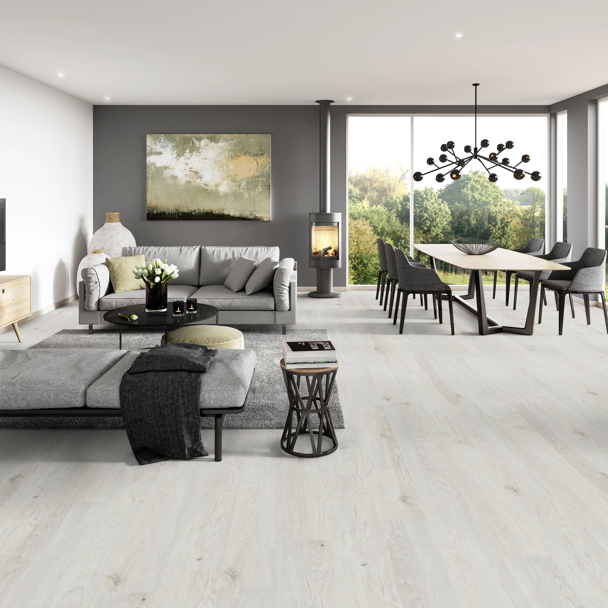 Milieubild Modernes Wohnzimmer mit Essbereich - ter Hürne Klick-Designboden Dureco Strong Classic Edition Eiche Santorini Milieubild Modernes Wohnzimmer mit Essbereich - ter Hürne 1101260052