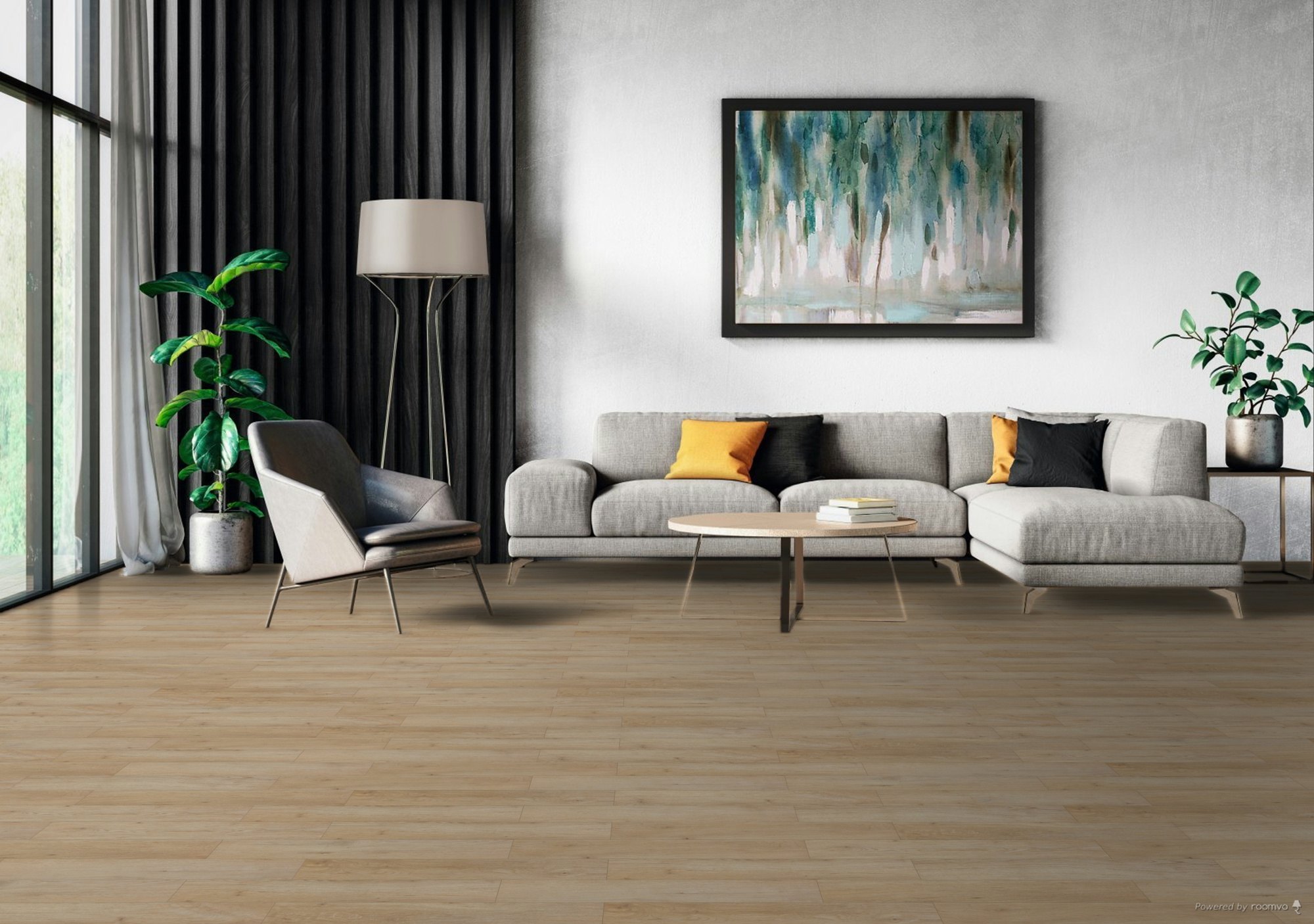 Milieubild Modernes Wohnzimmer mit Sessel und Sofa - BerryAlloc Klebe-Vinyl Zenn Gluedown 55 Herringbone Faro Milieubild Modernes Wohnzimmer mit Sessel und Sofa - BerryAlloc 60002269