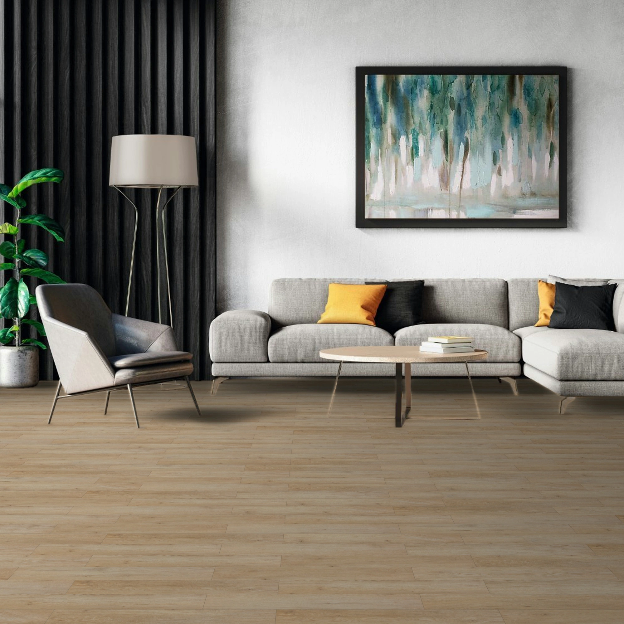 Milieubild Modernes Wohnzimmer mit Sessel und Sofa - BerryAlloc Klebe-Vinyl Zenn Gluedown 55 Herringbone Faro Milieubild Modernes Wohnzimmer mit Sessel und Sofa - BerryAlloc 60002269