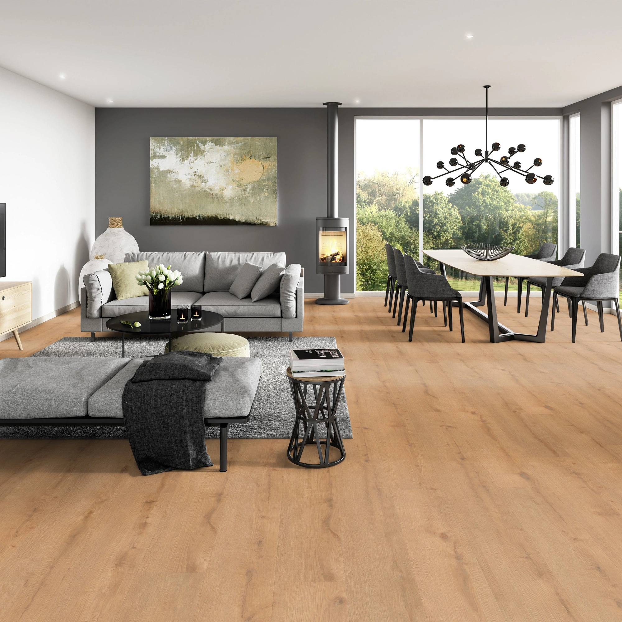 Milieubild Modernes Wohnzimmer mit Essbereich - ter Hürne Klebe-Vinyl Pro Grand Choice Eiche Hamburg Milieubild Modernes Wohnzimmer mit Essbereich - ter Hürne 1101210407