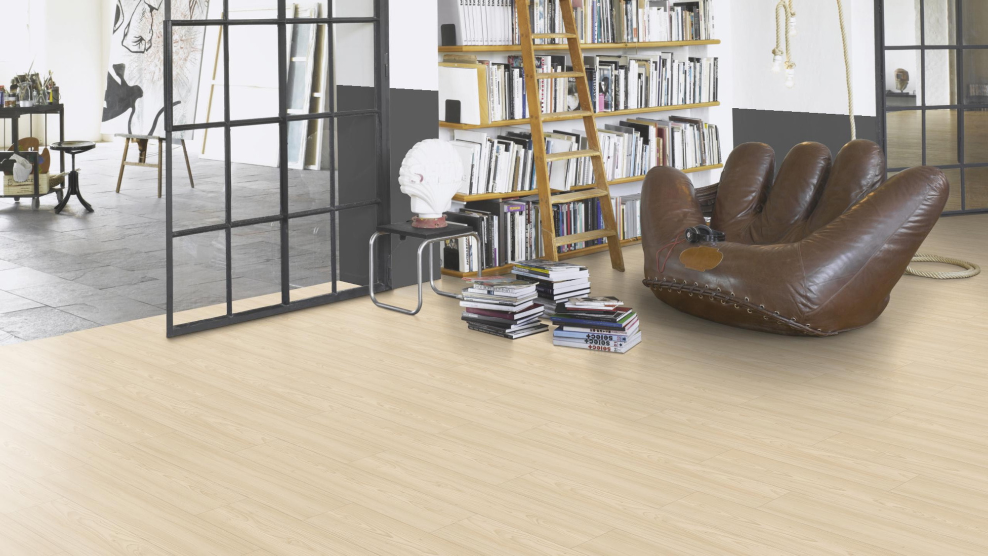 Milieubild Modernes Wohnzimmer mit Atelier - Parador HDF Klick-Designboden Modular ONE Lärche Apollo natur Milieubild Modernes Wohnzimmer mit Atelier - Parador 1748712