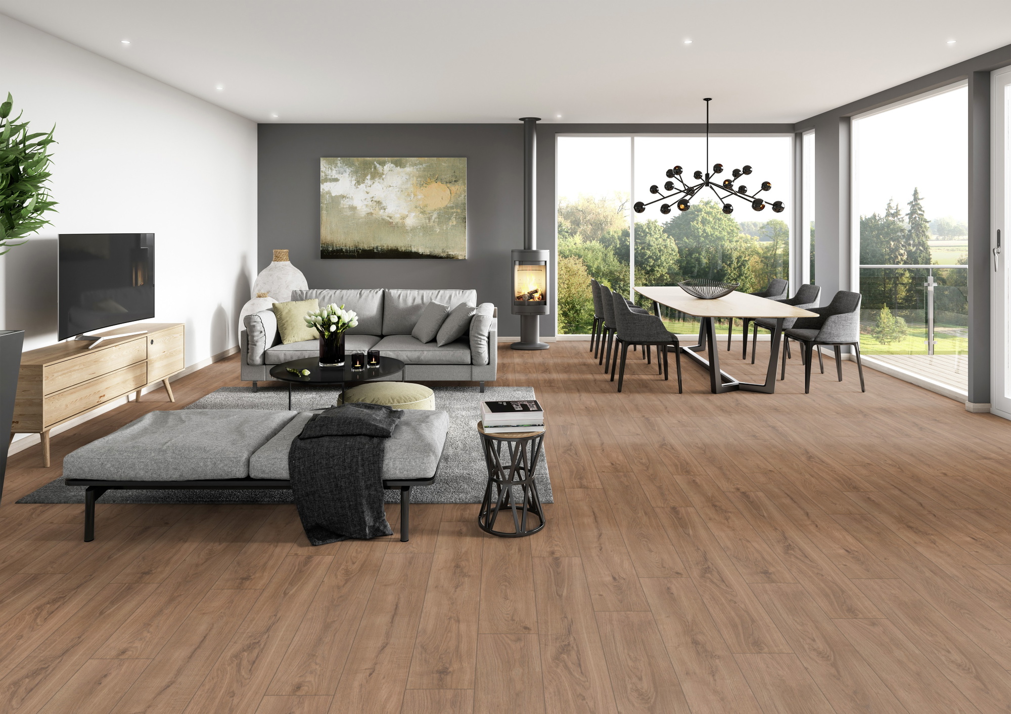 Milieubild Modernes Wohnzimmer mit Essbereich - ter Hürne HDF Klick-Designboden Dureco Silent Classic Edition Eiche Ibiza Milieubild Modernes Wohnzimmer mit Essbereich - ter Hürne 1101330005
