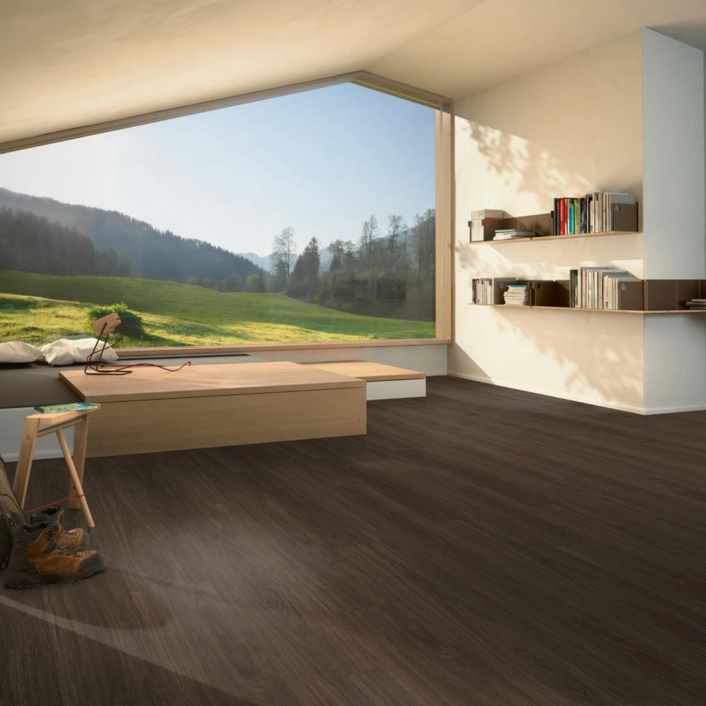 Milieubild Moderne Hütte mit Blick in die Natur - Parador Klebe-Vinyl Classic 2025 Eiche Oxford dunkelbraun Milieubild Moderne Hütte mit Blick in die Natur - Parador 1748868