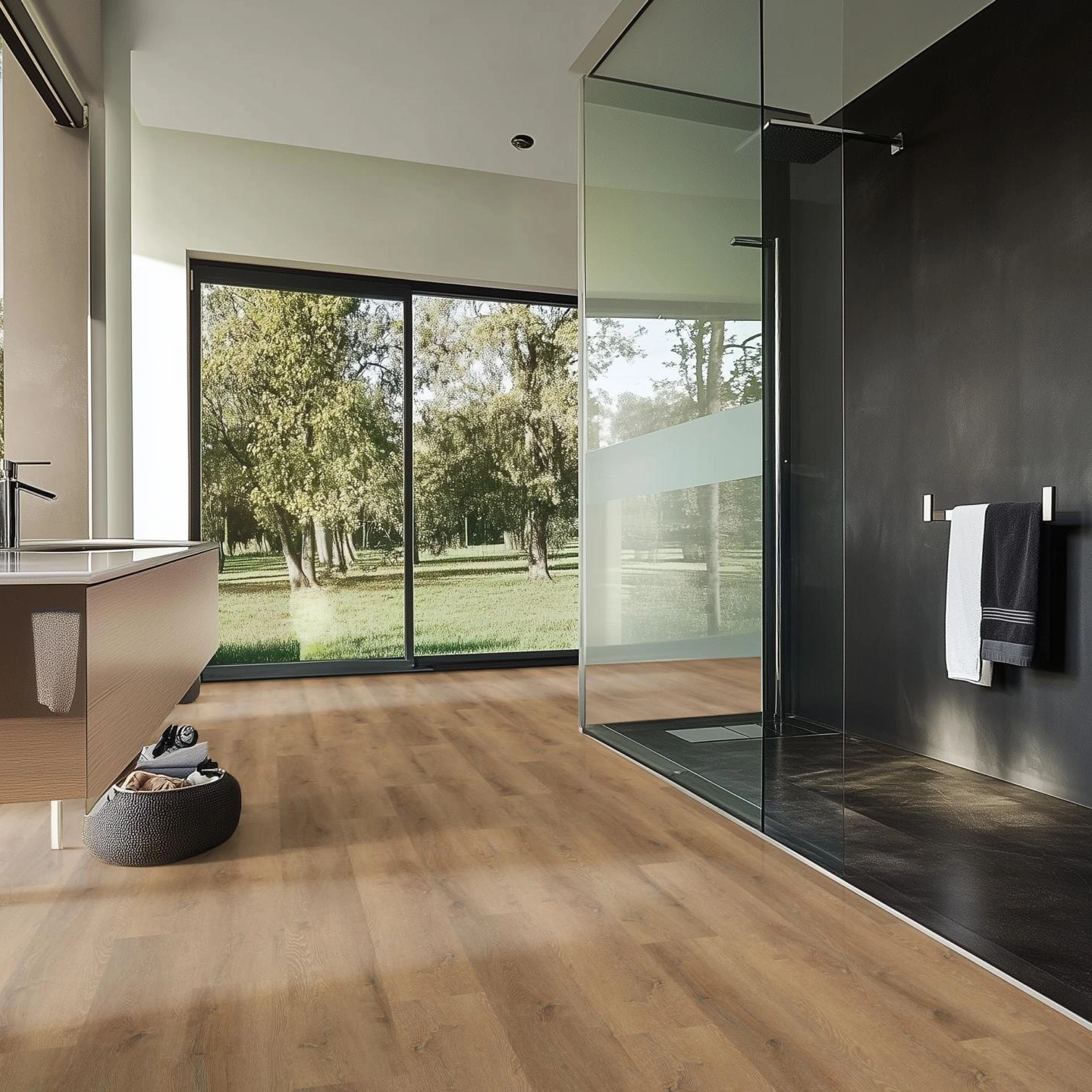 Milieubild Modernes Badezimmer mit bodentiefer Dusche - nexflor Rigid Klick-Vinyl Helios Click Collection Pylos Oak Milieubild Modernes Badezimmer mit bodentiefer Dusche - nexflor NXF-20030-008