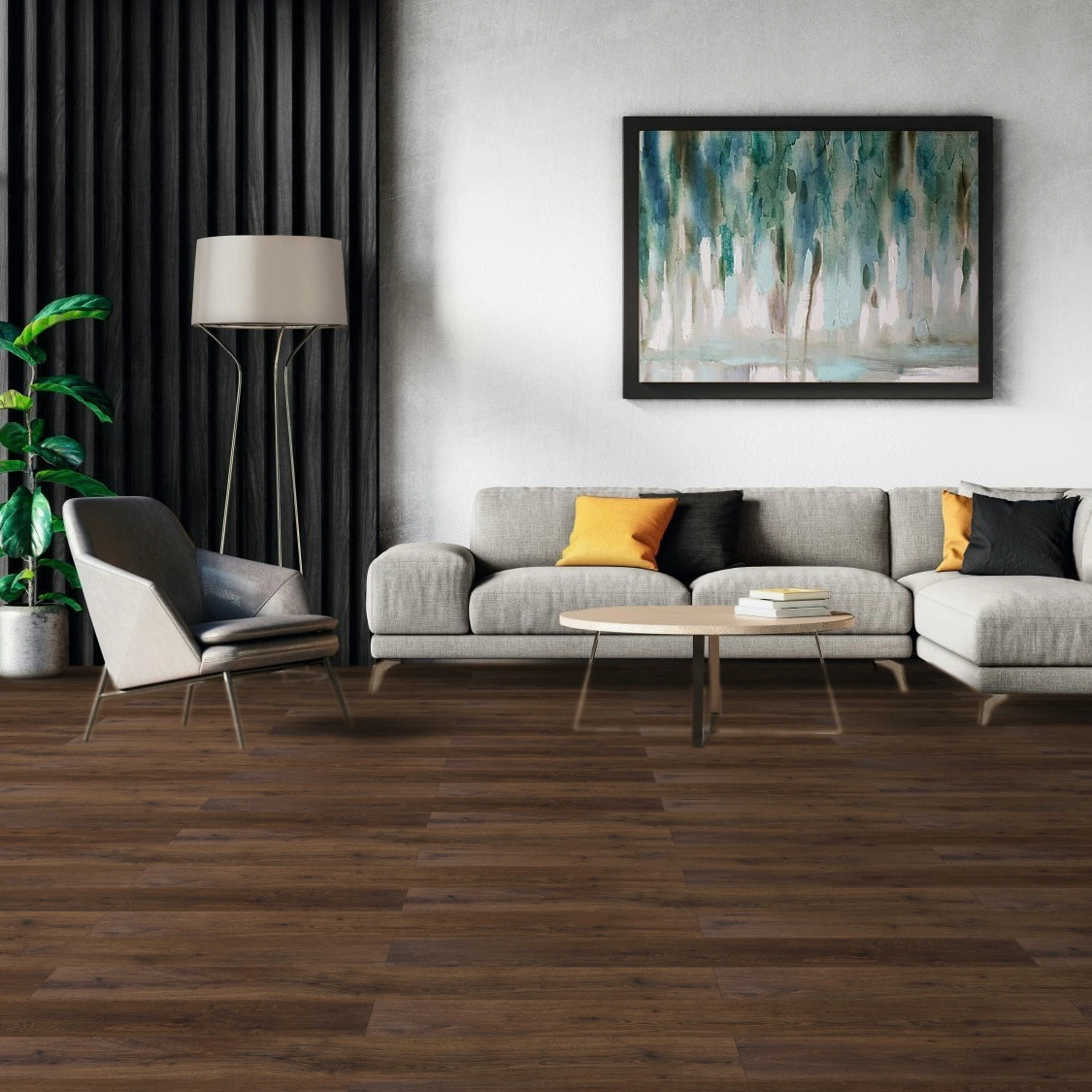 Milieubild Modernes Wohnzimmer mit Sessel und Sofa - BerryAlloc Klebe-Vinyl Zenn Gluedown 30 Palermo Milieubild Modernes Wohnzimmer mit Sessel und Sofa - BerryAlloc 60002221