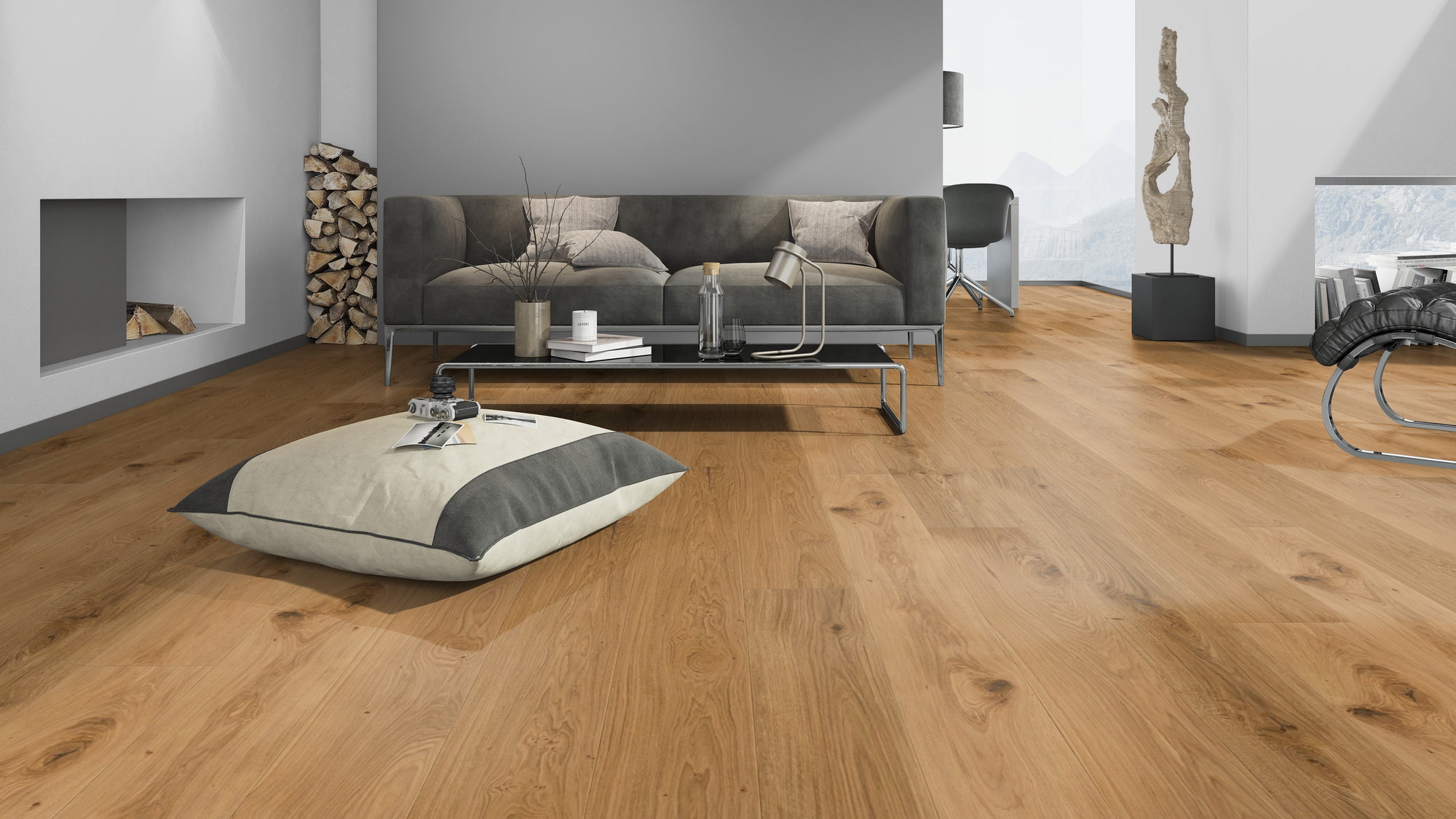 Milieubild Modernes Wohnzimmer mit Kamin - Admonter Parkett FLOORs Eiche Basic Milieubild Modernes Wohnzimmer mit Kamin - Admonter 106207